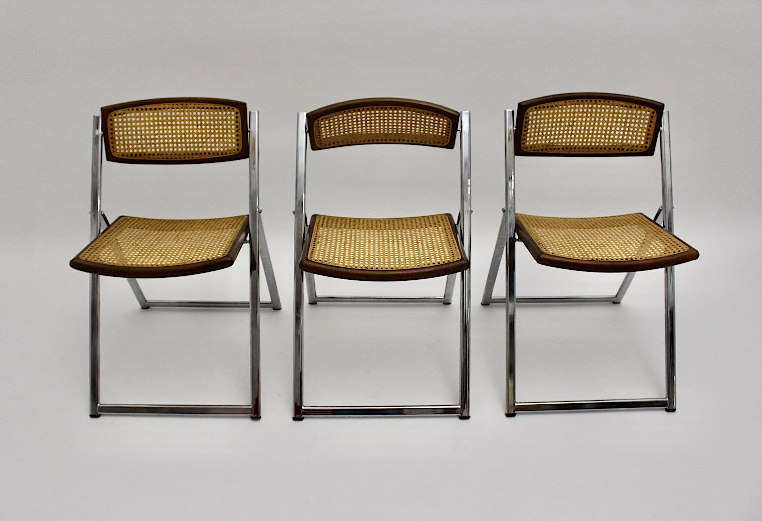 Modernist Organic Vintage Three Foldable Dining Chairs Beech Mesh Chrome, 1970s For Sale 1