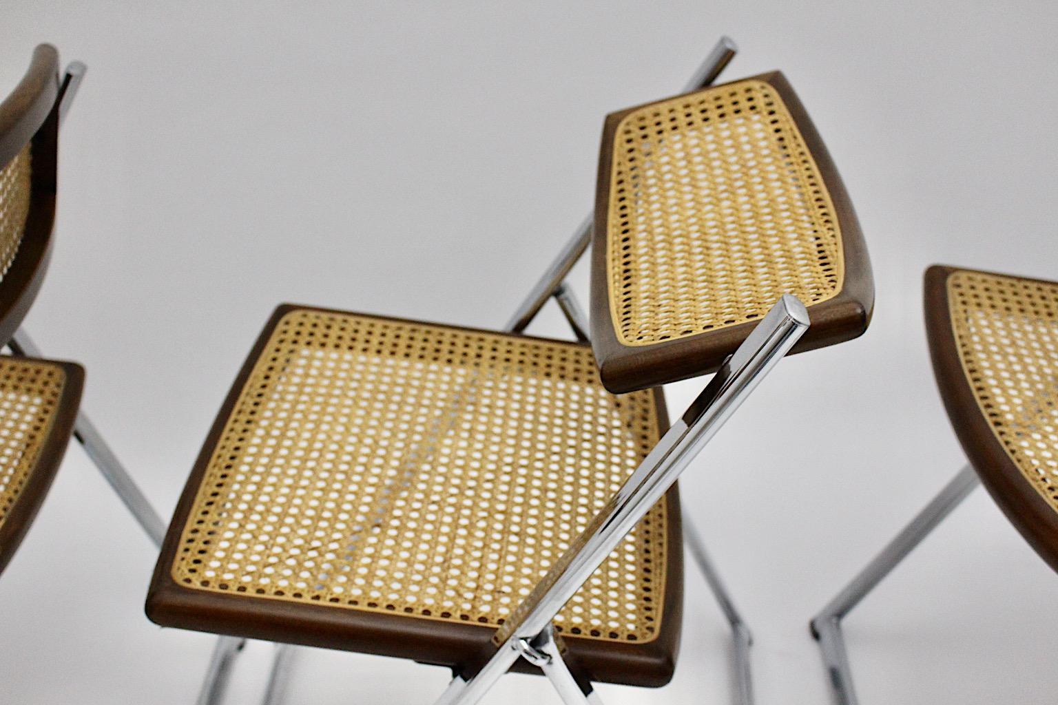 Modernist Organic Vintage Three Foldable Dining Chairs Beech Mesh Chrome, 1970s For Sale 2