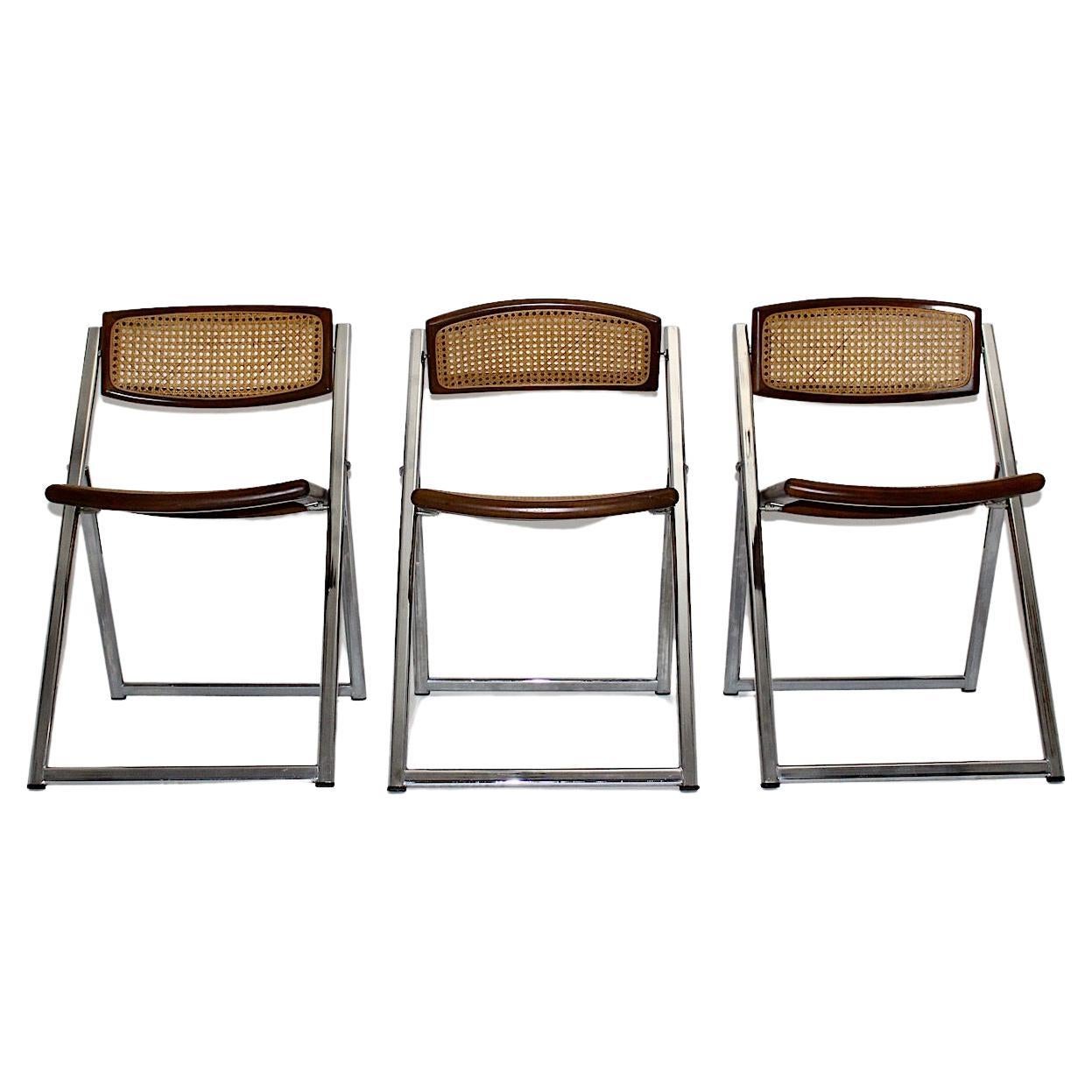 Trois chaises de salle à manger pliables modernistes et organiques vintage en maille de hêtre chromée, années 1970