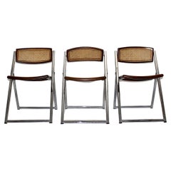 Modernist Organic Vintage Three Foldable Dining Chairs Beech Mesh Chrome, 1970s