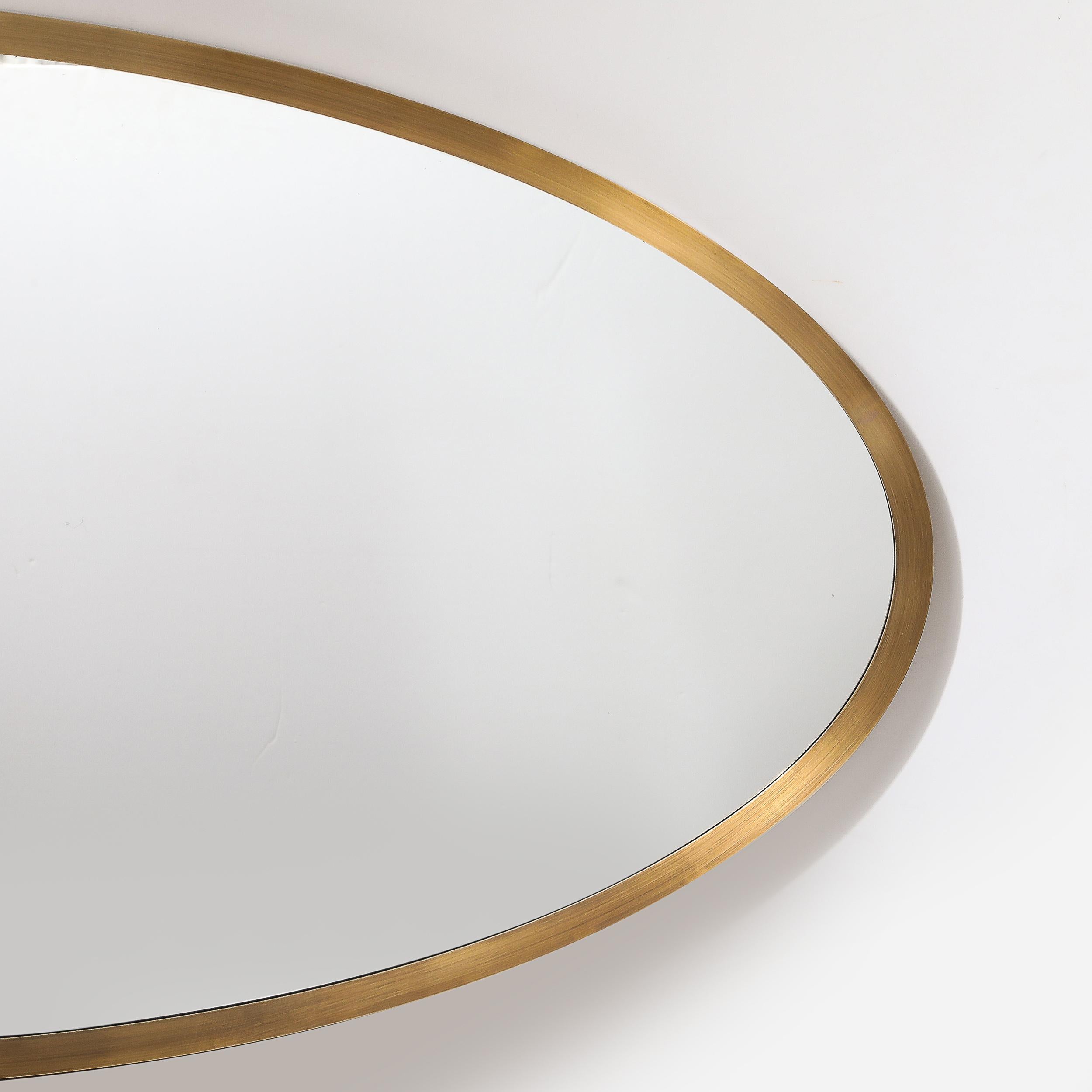 Modernist Oval Mirror W/ Antiqued Brass Border Custom by High Style Deco In New Condition For Sale In New York, NY