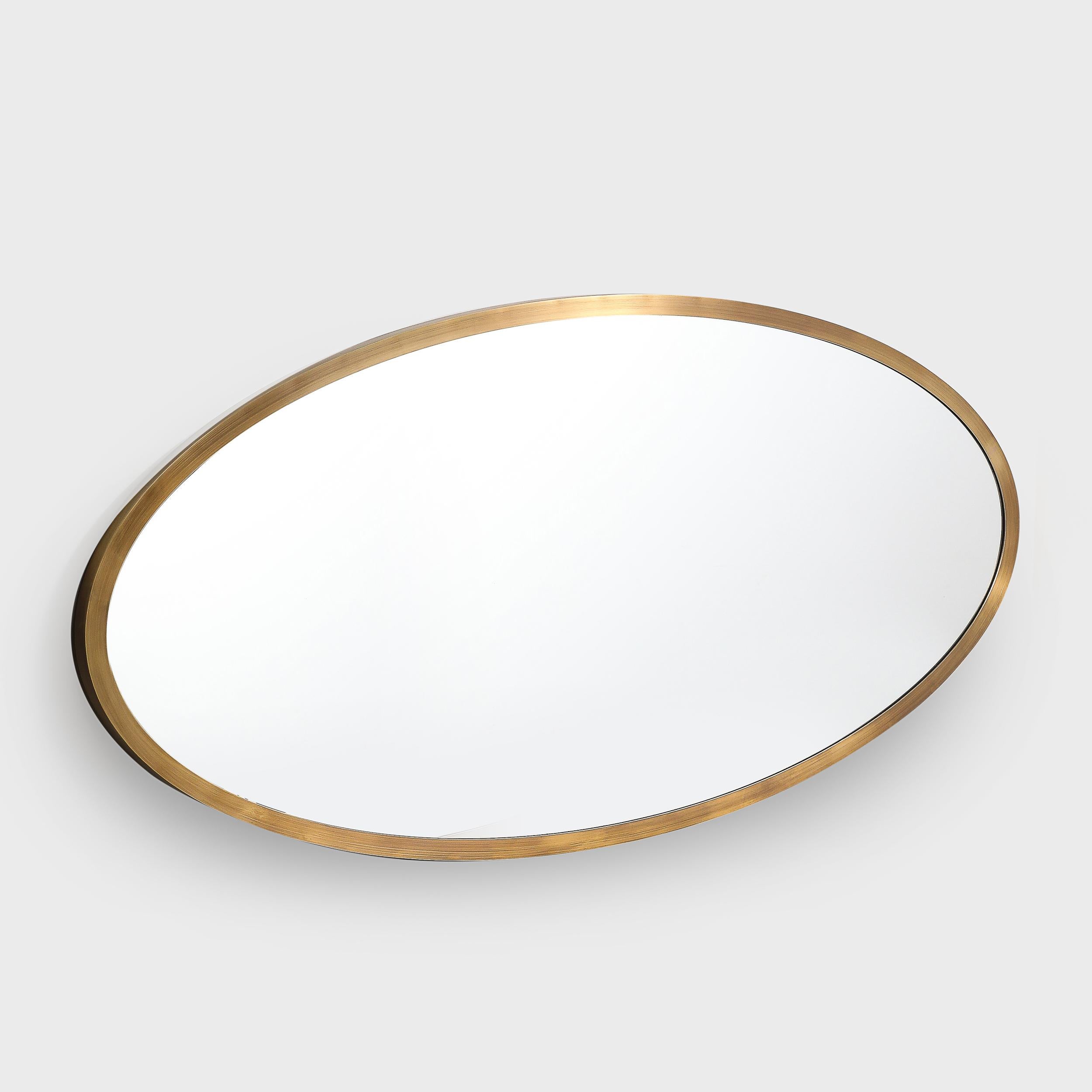 Modernist Oval Mirror W/ Antiqued Brass Border Custom by High Style Deco For Sale 4