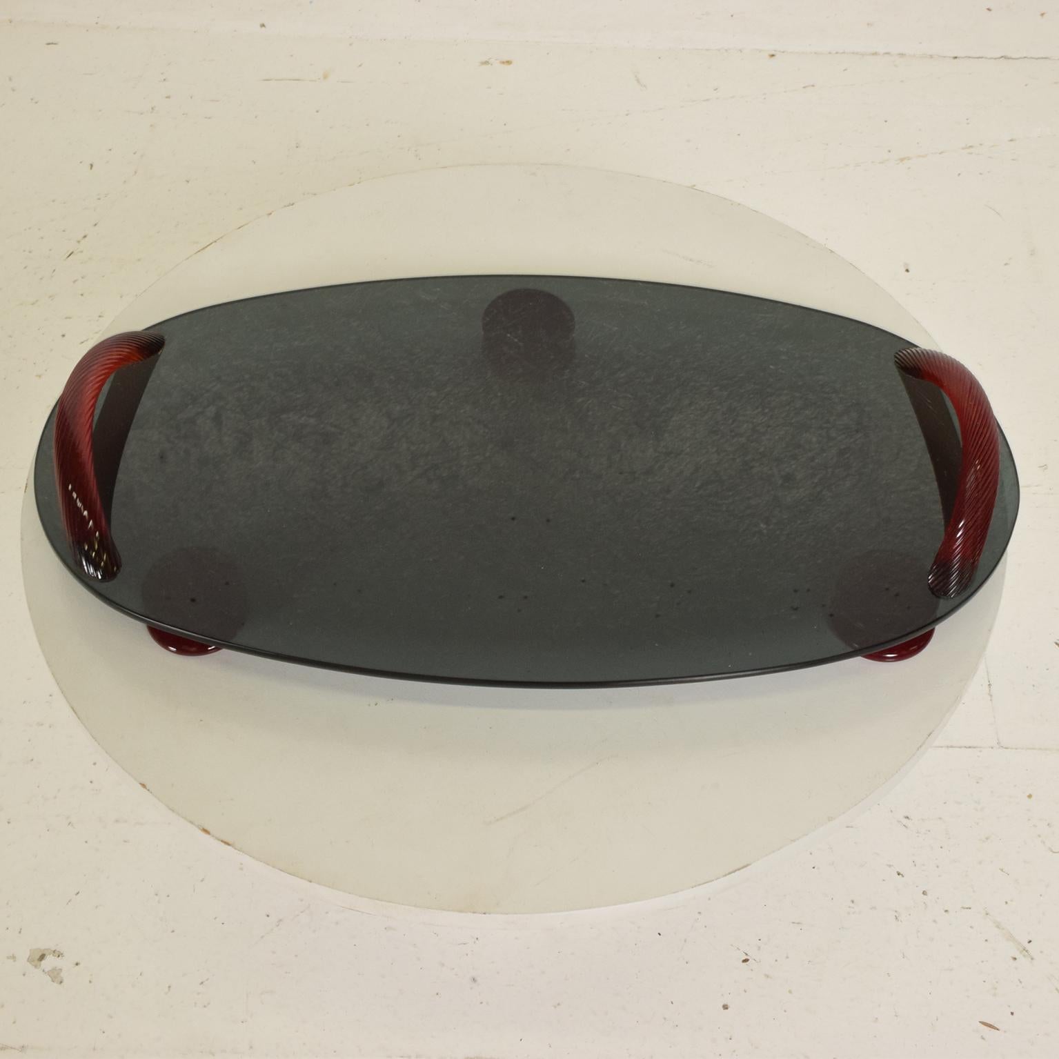 Modernist Oval Serving Tray in Smoke Glass with Red Ruby Glass Handles and Sabot 5