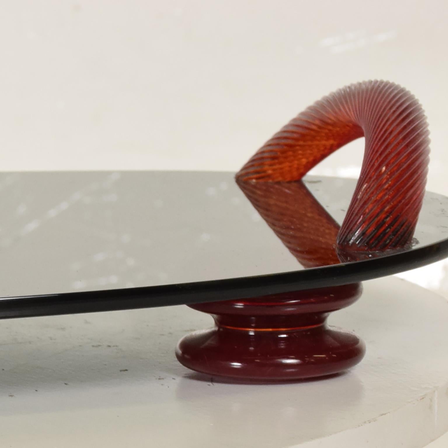 Modernist Oval Serving Tray in Smoke Glass with Red Ruby Glass Handles and Sabot In Good Condition In Chula Vista, CA