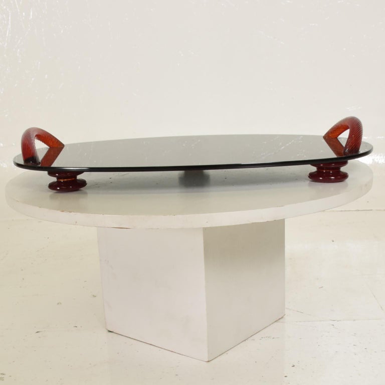 Modernist Oval Serving Tray in Smoke Glass with Red Ruby Glass Handles ...