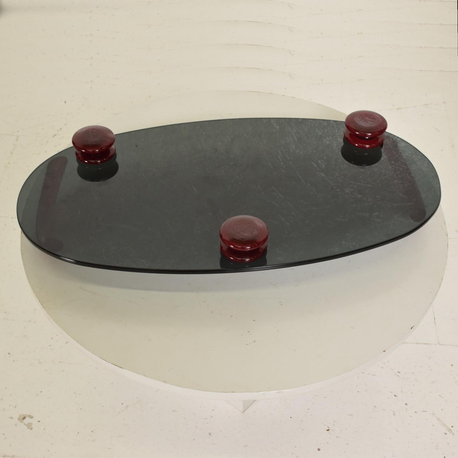 Modernist Oval Serving Tray in Smoke Glass with Red Ruby Glass Handles and Sabot 1