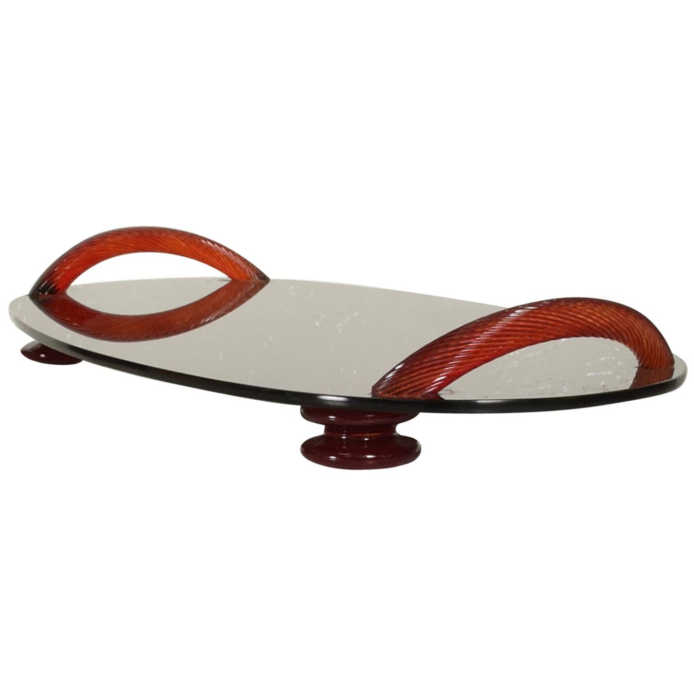Modernist Oval Serving Tray in Smoke Glass with Red Ruby Glass Handles and Sabot