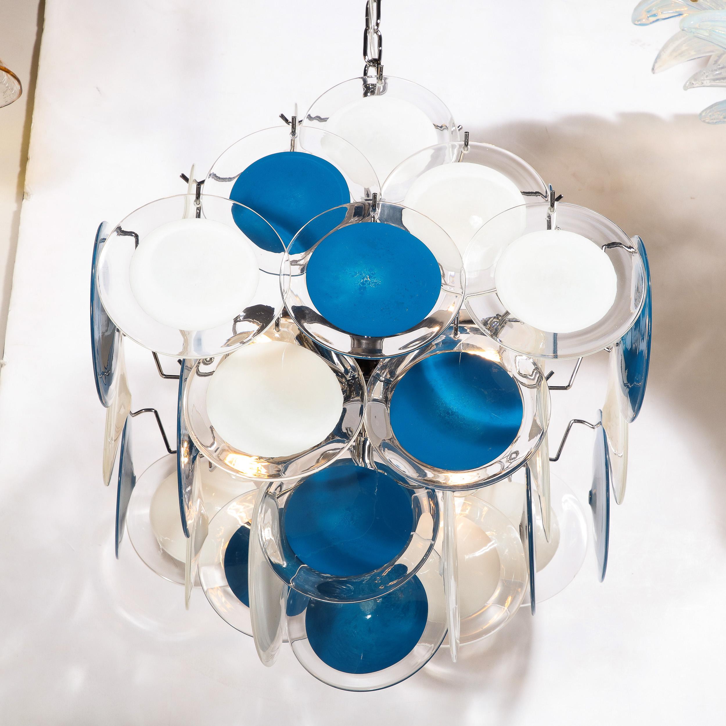 Modernist Pagoda Chandelier in Chrome & Handblown Murano White and Blue Discs For Sale 6
