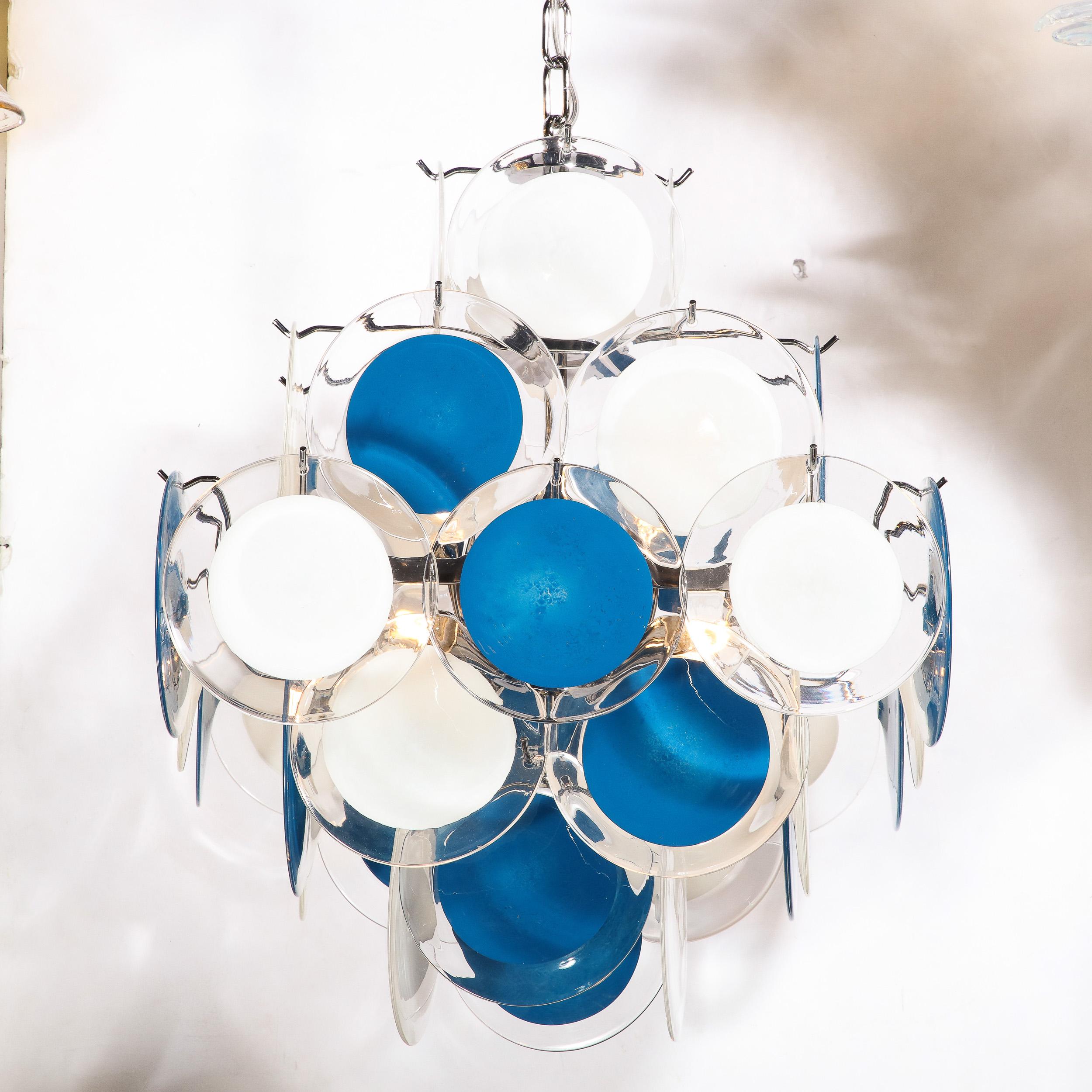 Italian Modernist Pagoda Chandelier in Chrome & Handblown Murano White and Blue Discs For Sale