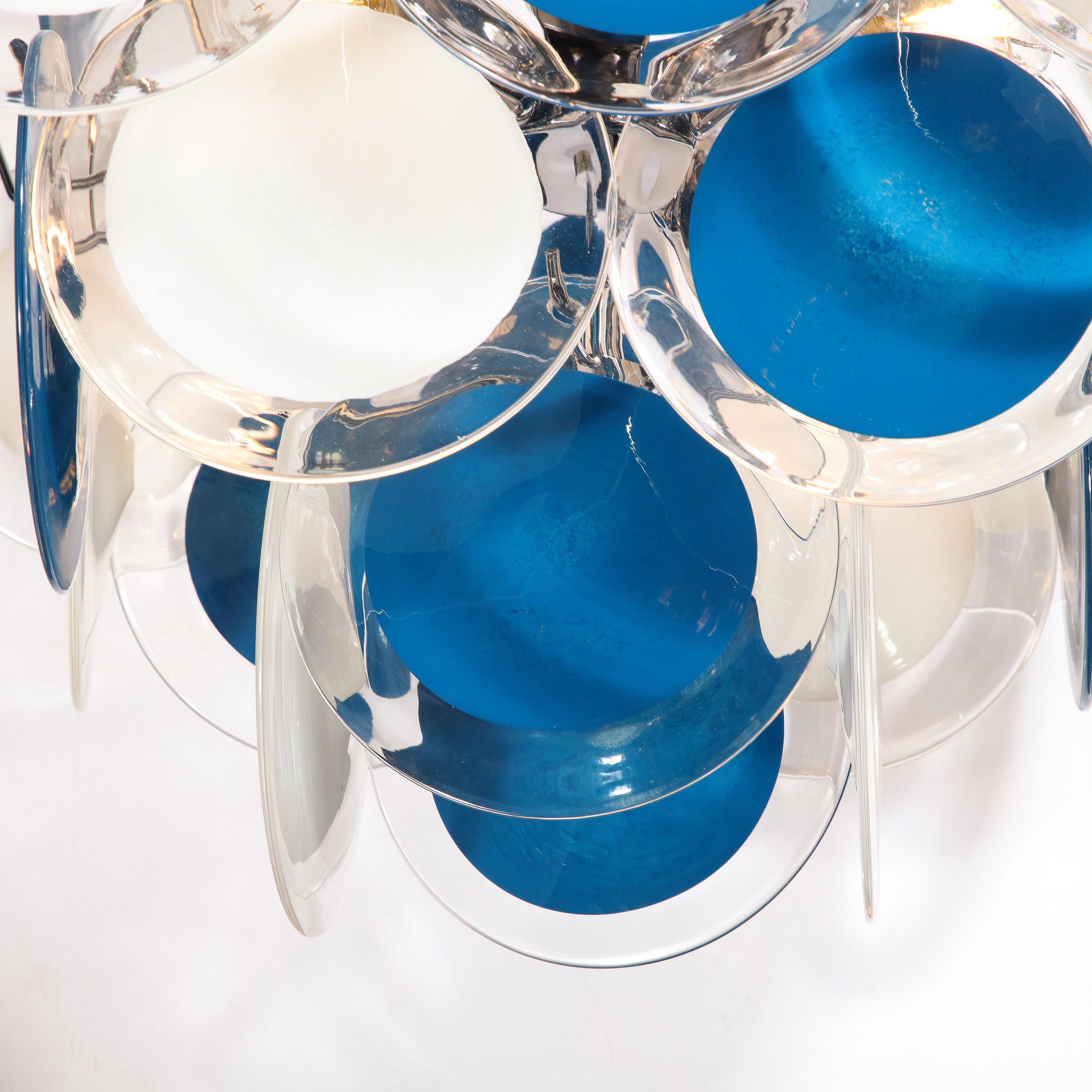 Modernist Pagoda Chandelier in Chrome & Handblown Murano White and Blue Discs In New Condition For Sale In New York, NY