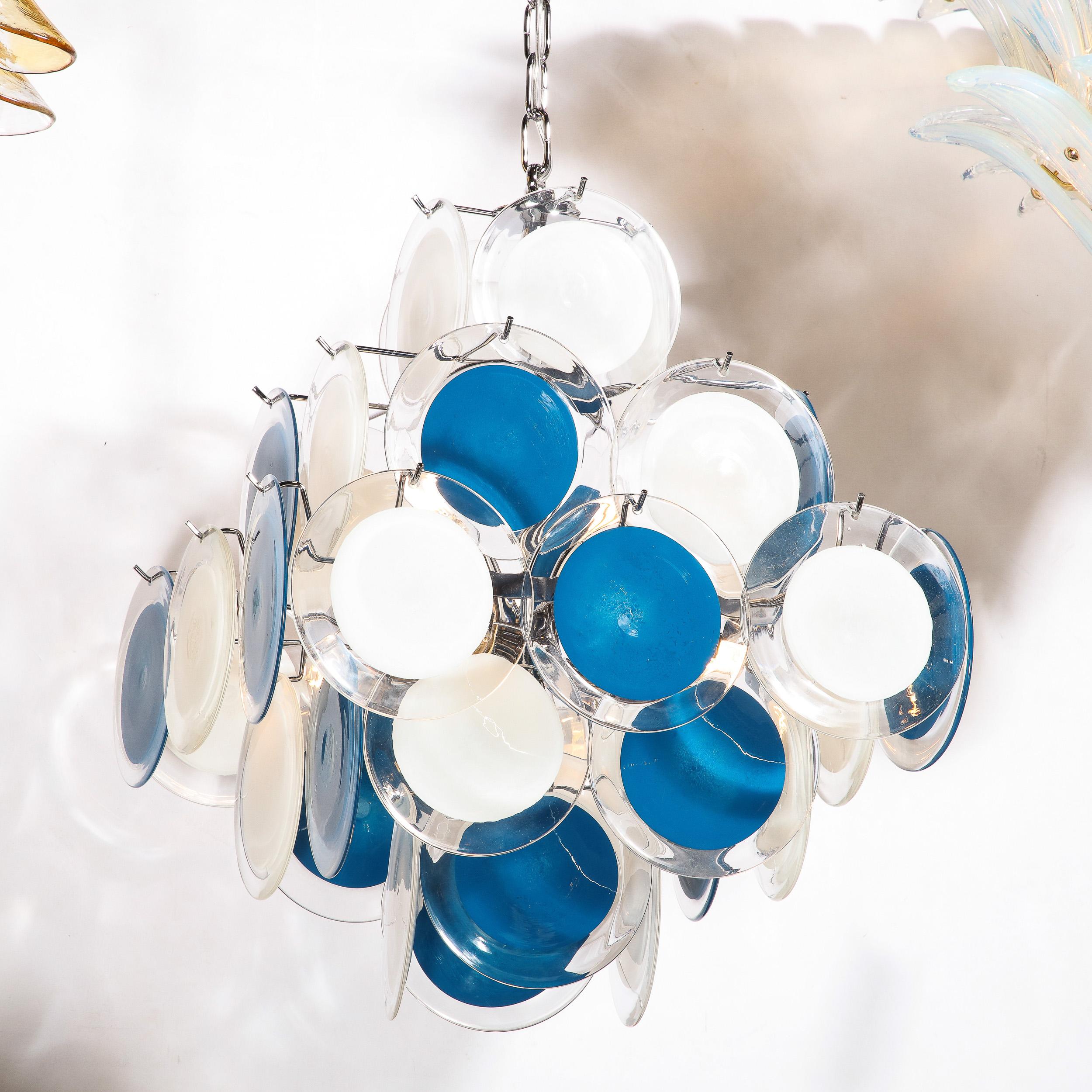 Murano Glass Modernist Pagoda Chandelier in Chrome & Handblown Murano White and Blue Discs For Sale