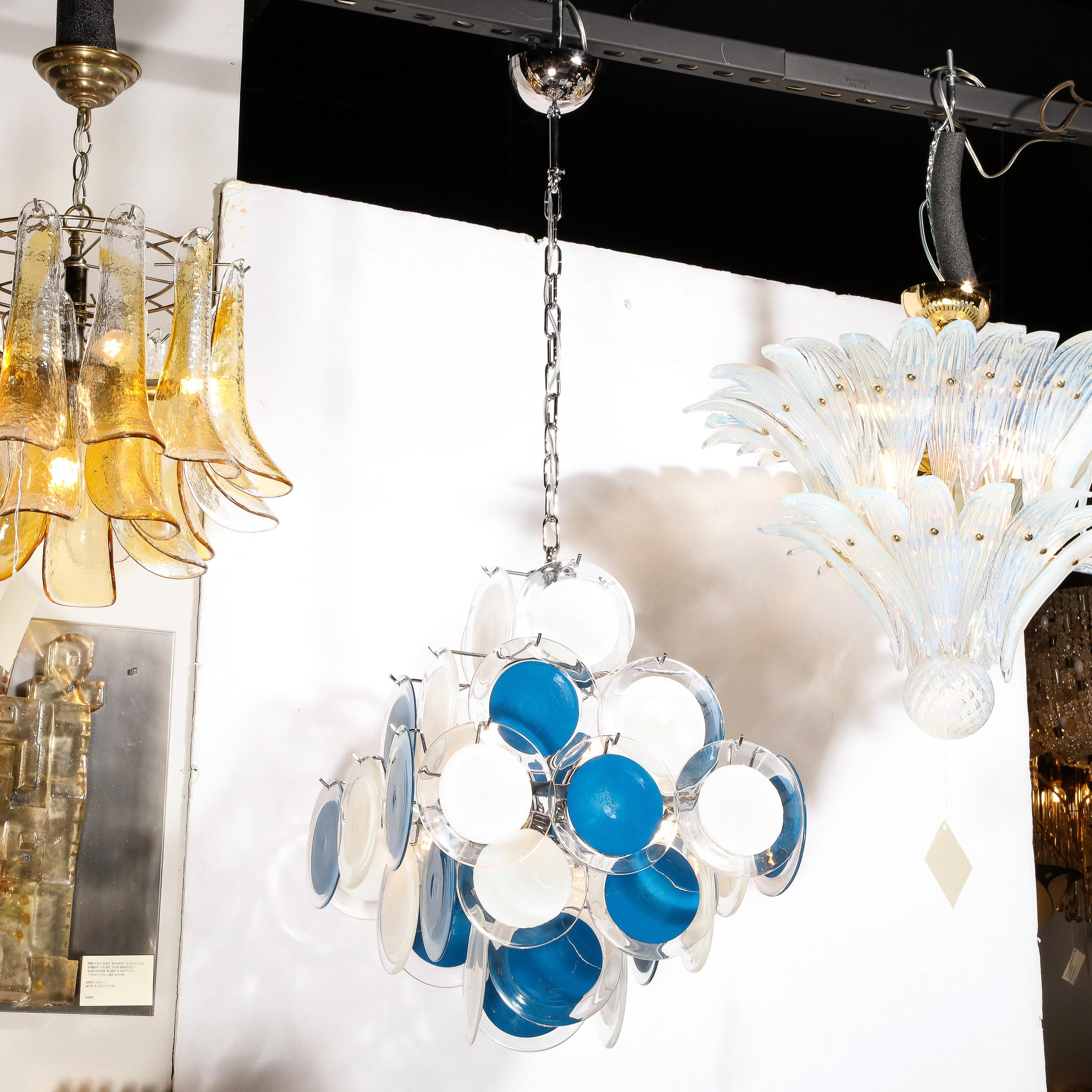 Modernist Pagoda Chandelier in Chrome & Handblown Murano White and Blue Discs For Sale 1