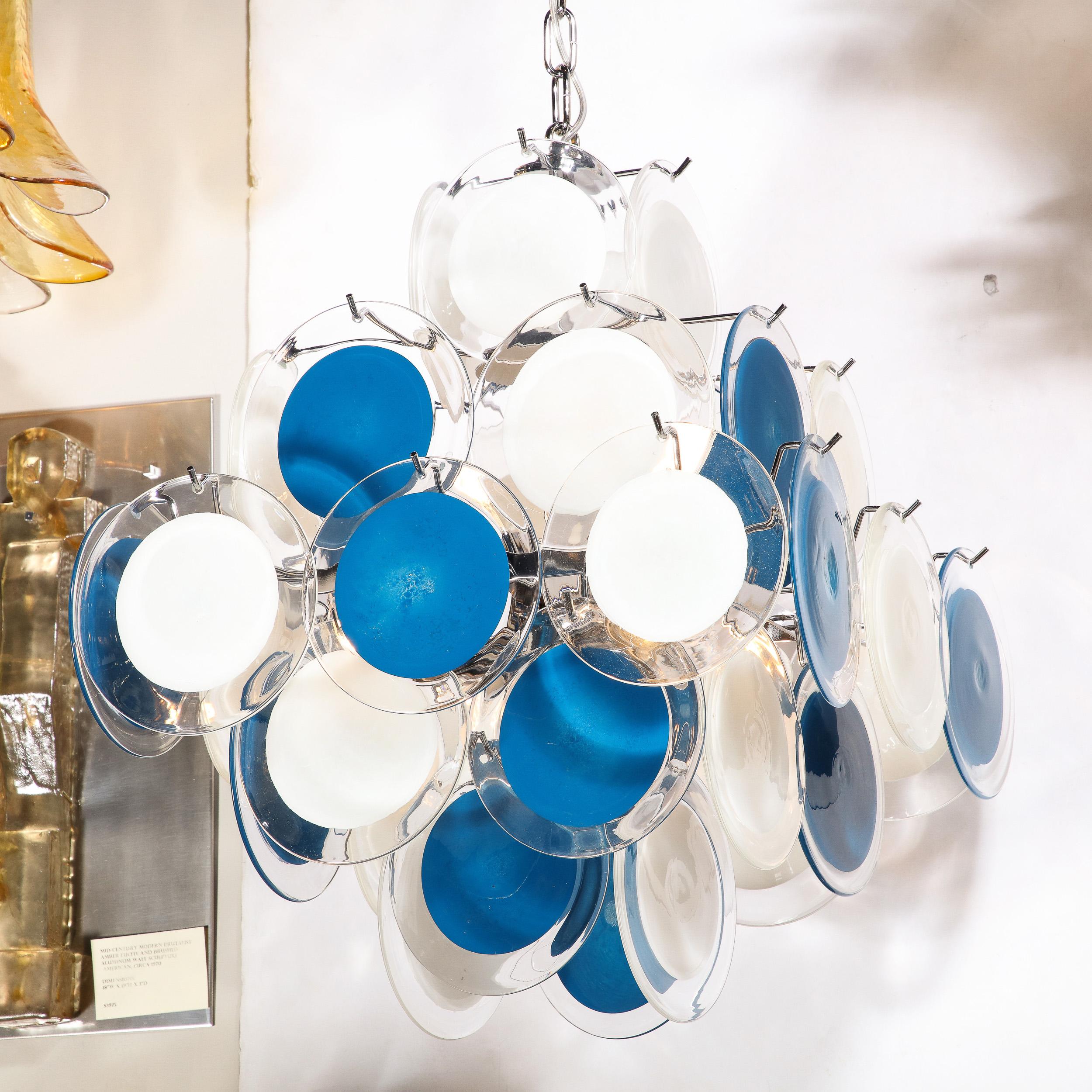 Modernist Pagoda Chandelier in Chrome & Handblown Murano White and Blue Discs For Sale 2