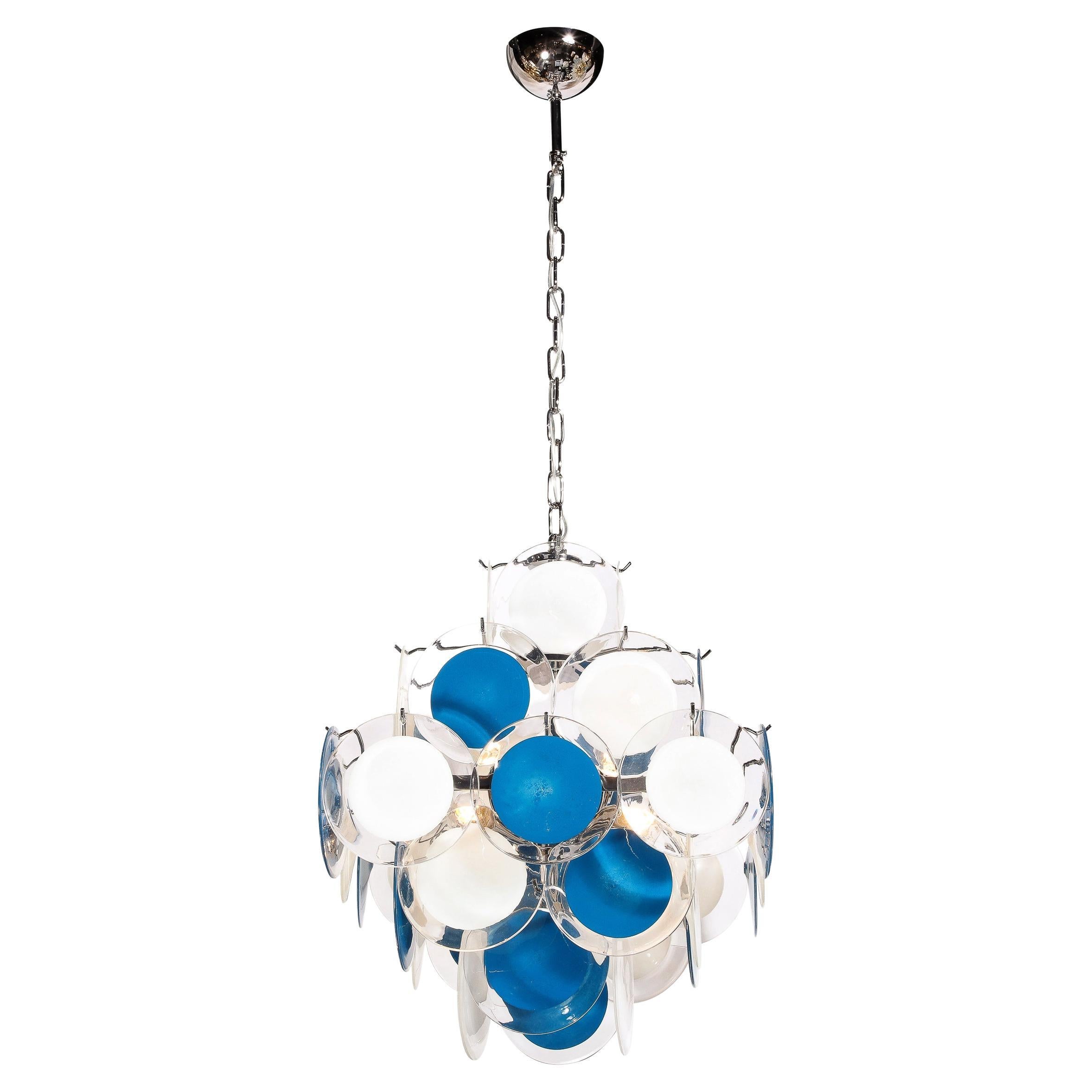 Modernist Pagoda Chandelier in Chrome & Handblown Murano White and Blue Discs For Sale