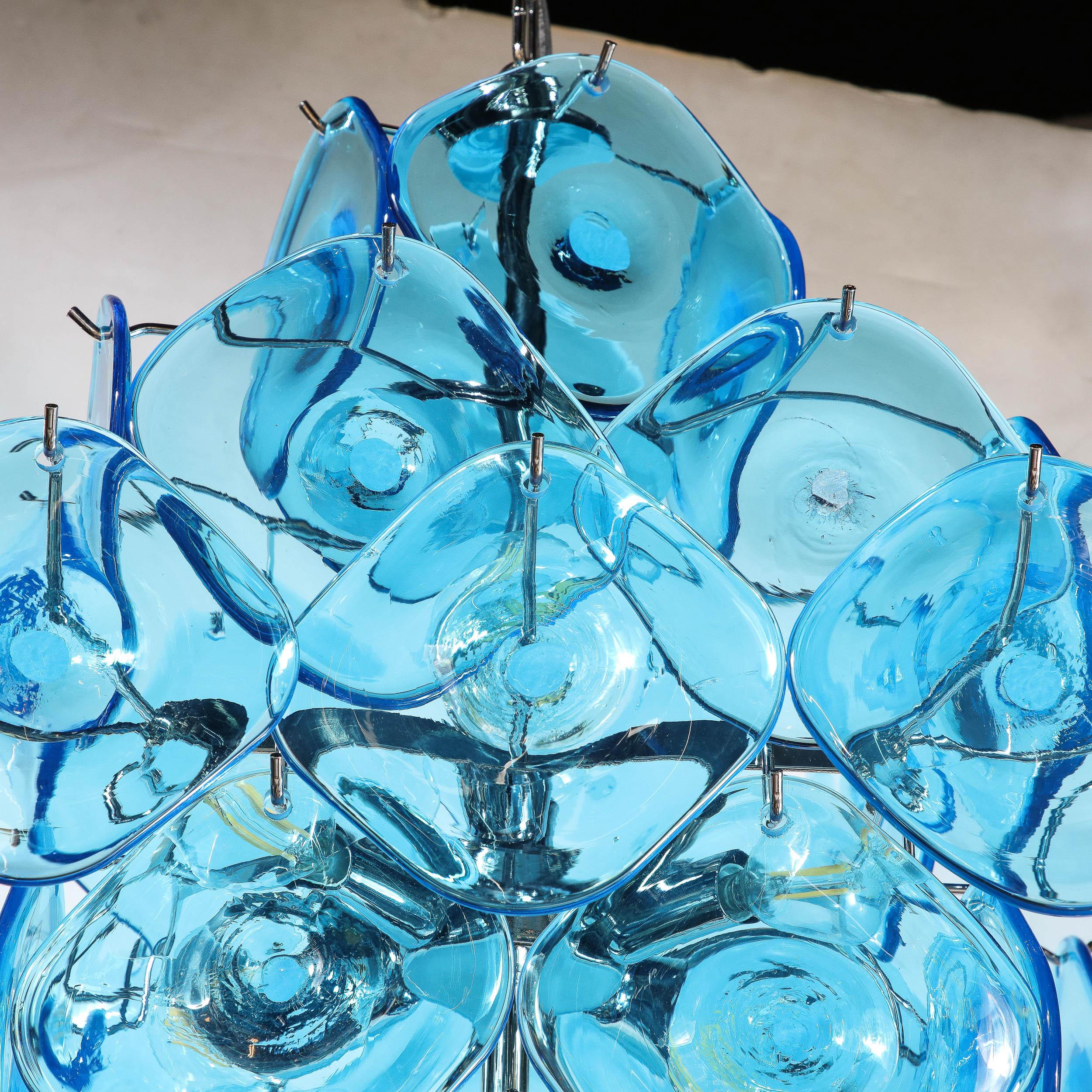 Modernist Pagoda Form Hand-Blown Cerulean Blue Murano Glass Chandelier For Sale 4