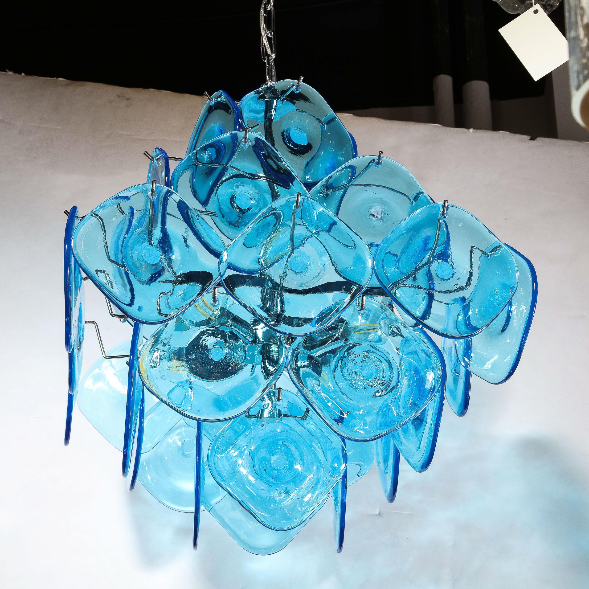 Modernist Pagoda Form Hand-Blown Cerulean Blue Murano Glass Chandelier For Sale 5