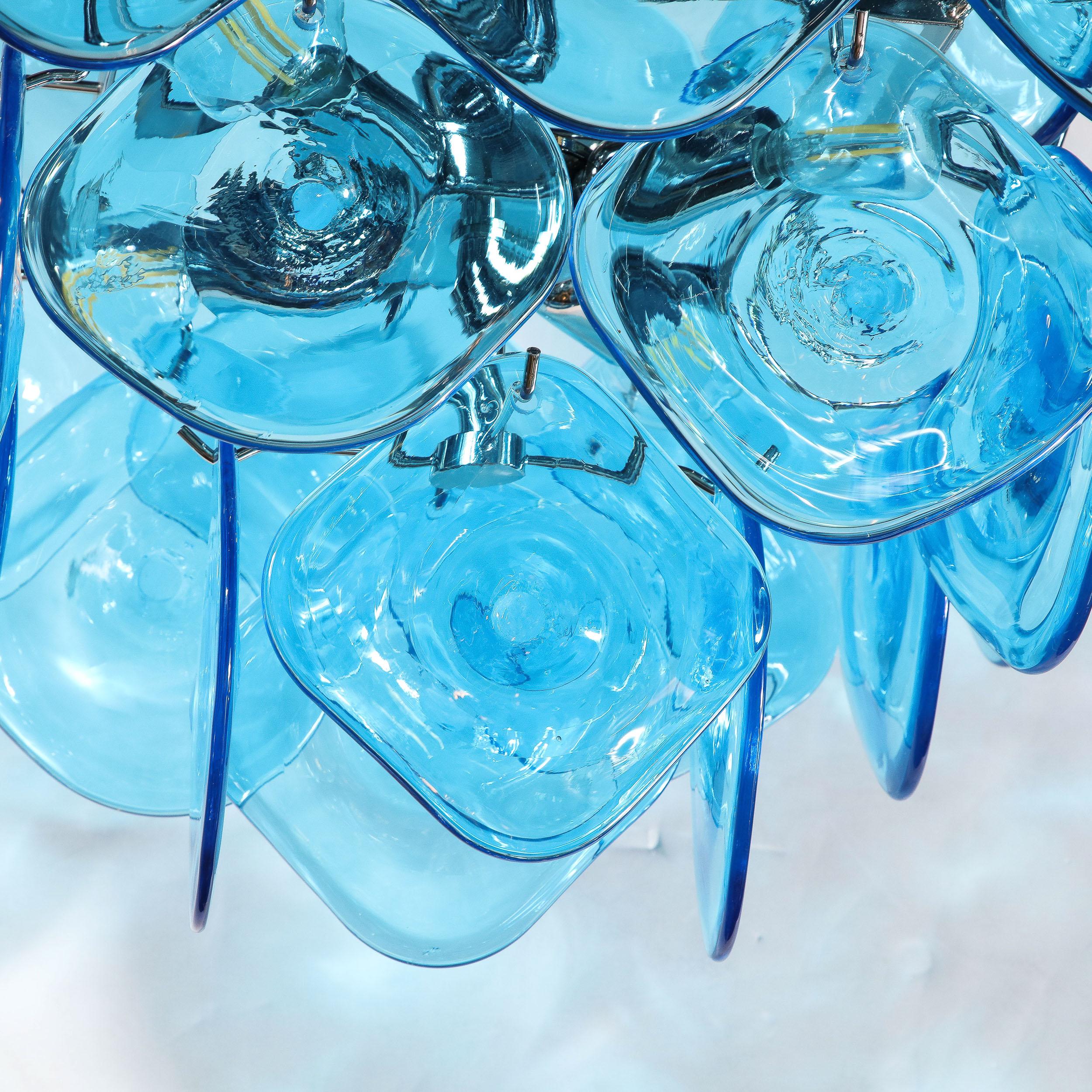 Modernist Pagoda Form Hand-Blown Cerulean Blue Murano Glass Chandelier For Sale 7