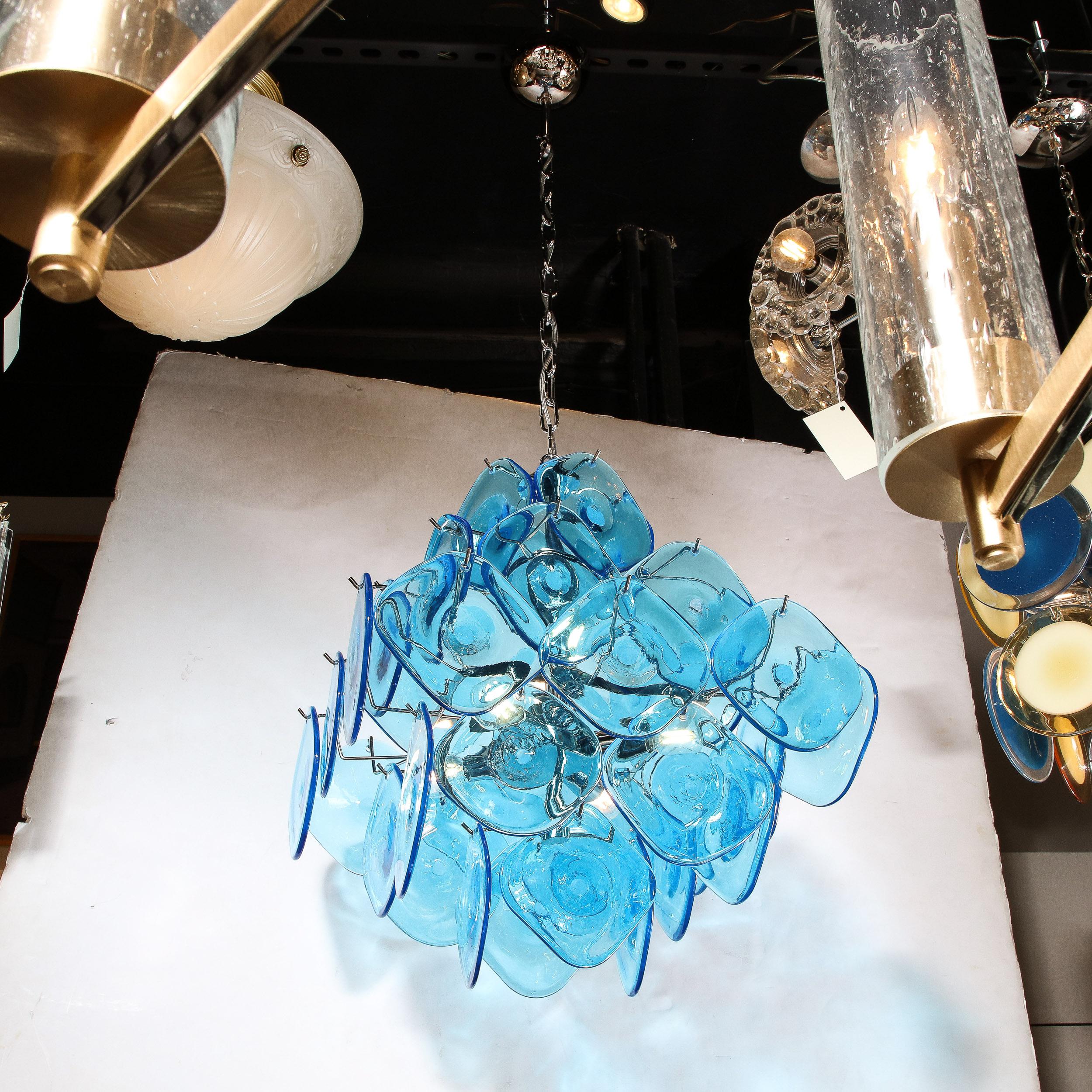 Modernist Pagoda Form Hand-Blown Cerulean Blue Murano Glass Chandelier For Sale 9