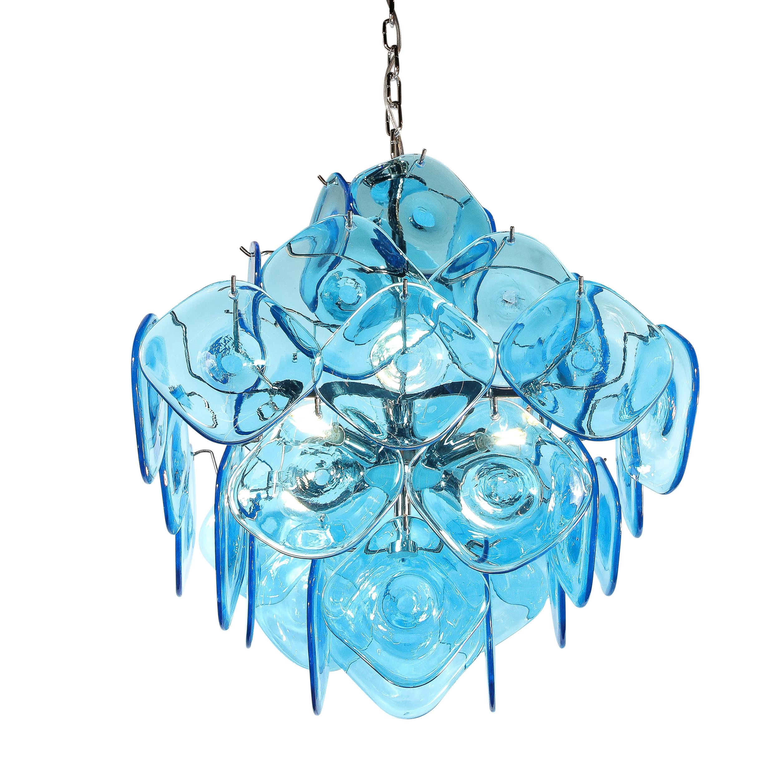 This Modernist Pagoda Form Hand-Blown Cerullean Blue Murano Glass Chandelier originates from Murano Italy during the latter half of the 20th century. Features of five tier pagoda framework from which hang beautiful rounded diamond shaped Hand Blown