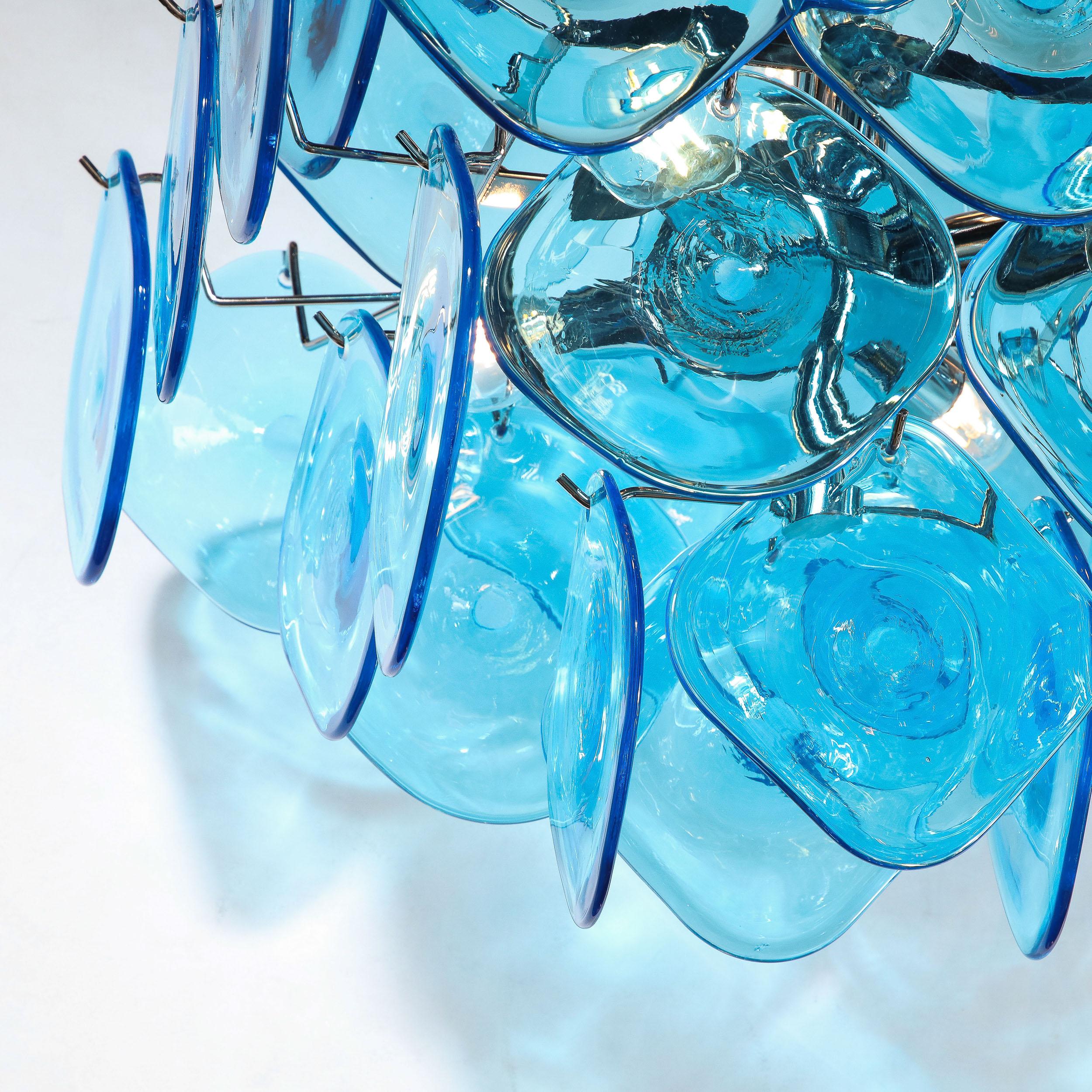 Italian Modernist Pagoda Form Hand-Blown Cerulean Blue Murano Glass Chandelier For Sale
