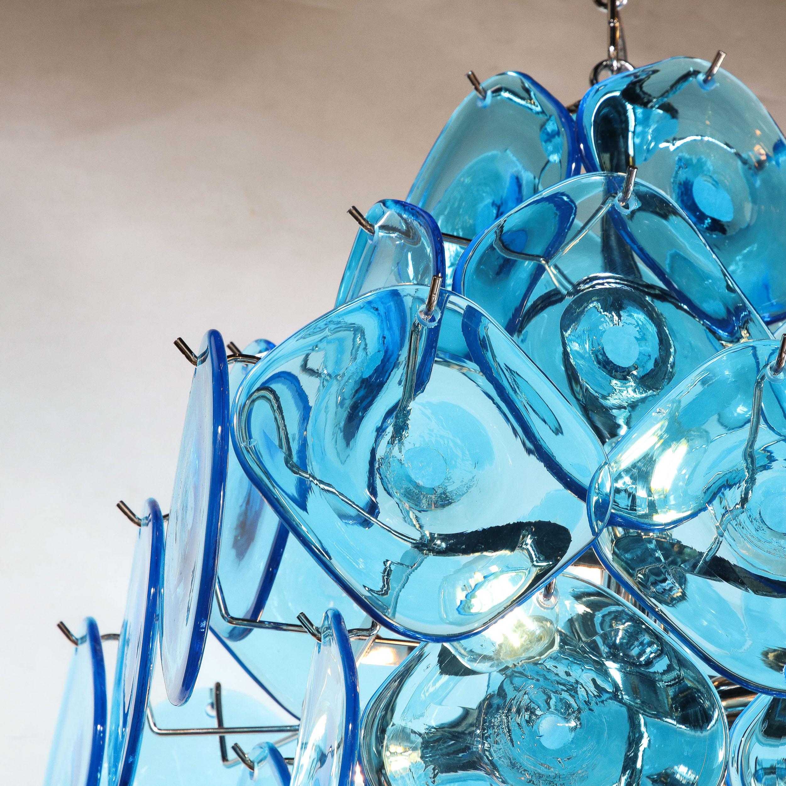 Modernist Pagoda Form Hand-Blown Cerulean Blue Murano Glass Chandelier In Excellent Condition For Sale In New York, NY