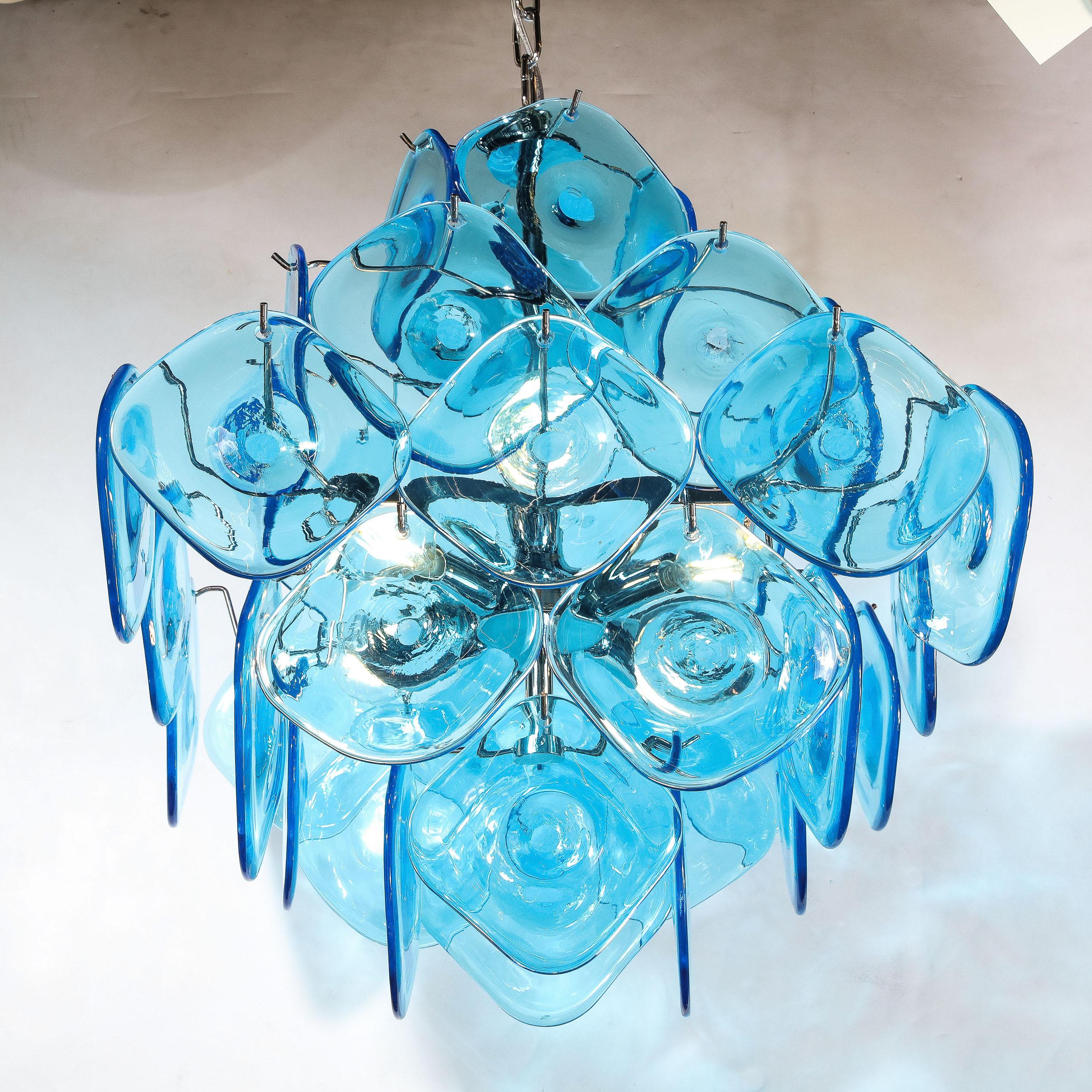 20th Century Modernist Pagoda Form Hand-Blown Cerulean Blue Murano Glass Chandelier For Sale