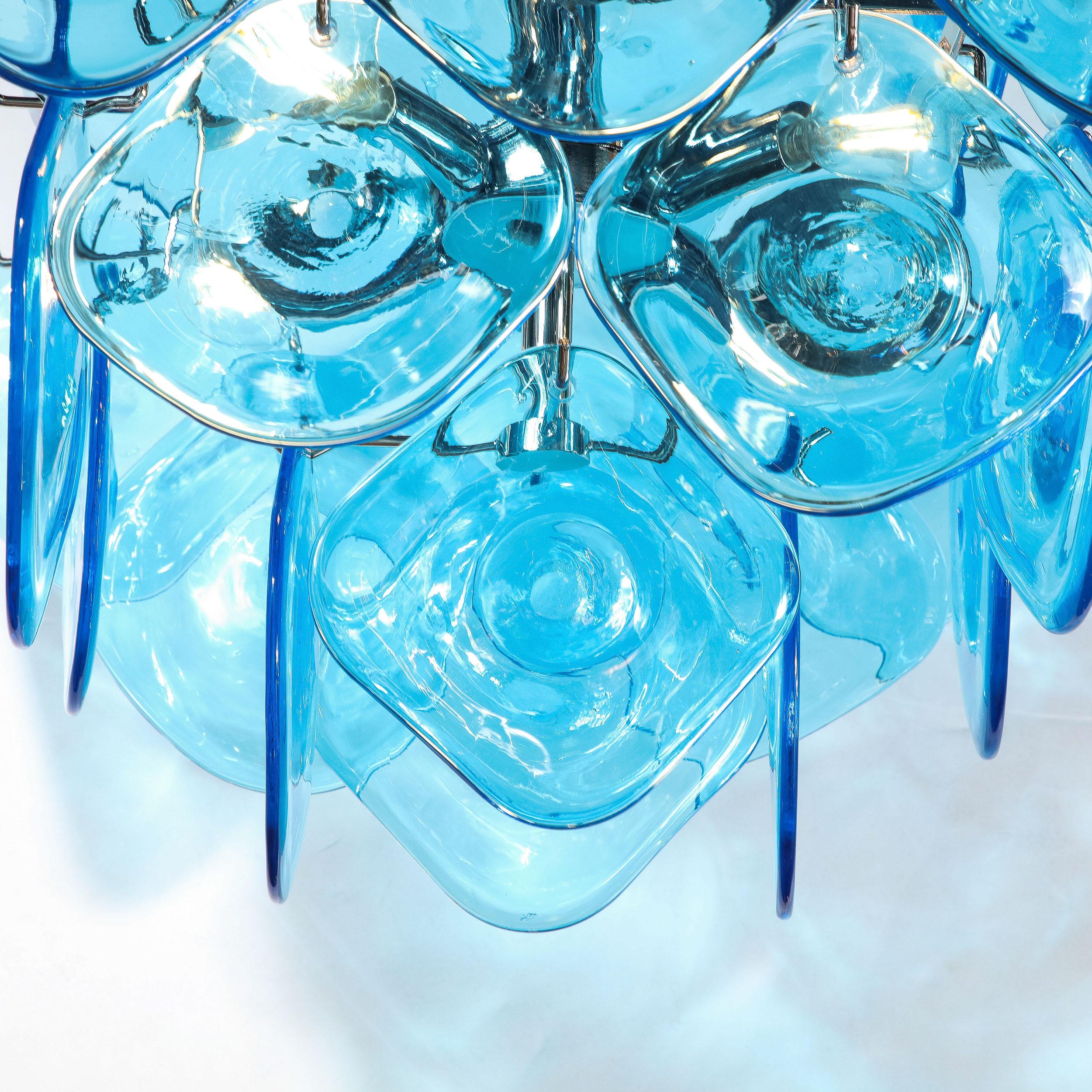 Modernist Pagoda Form Hand-Blown Cerulean Blue Murano Glass Chandelier For Sale 1