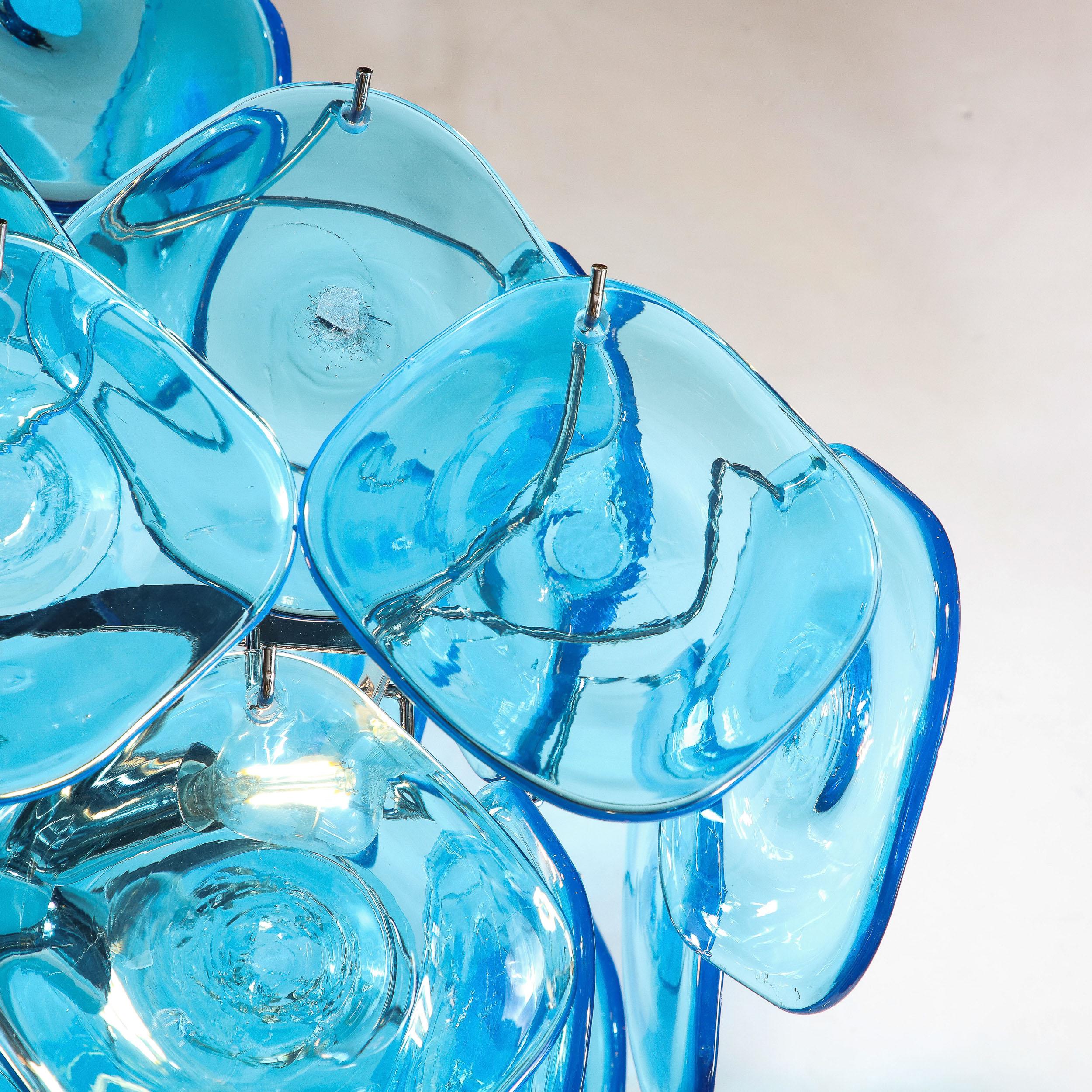 Modernist Pagoda Form Hand-Blown Cerulean Blue Murano Glass Chandelier For Sale 2