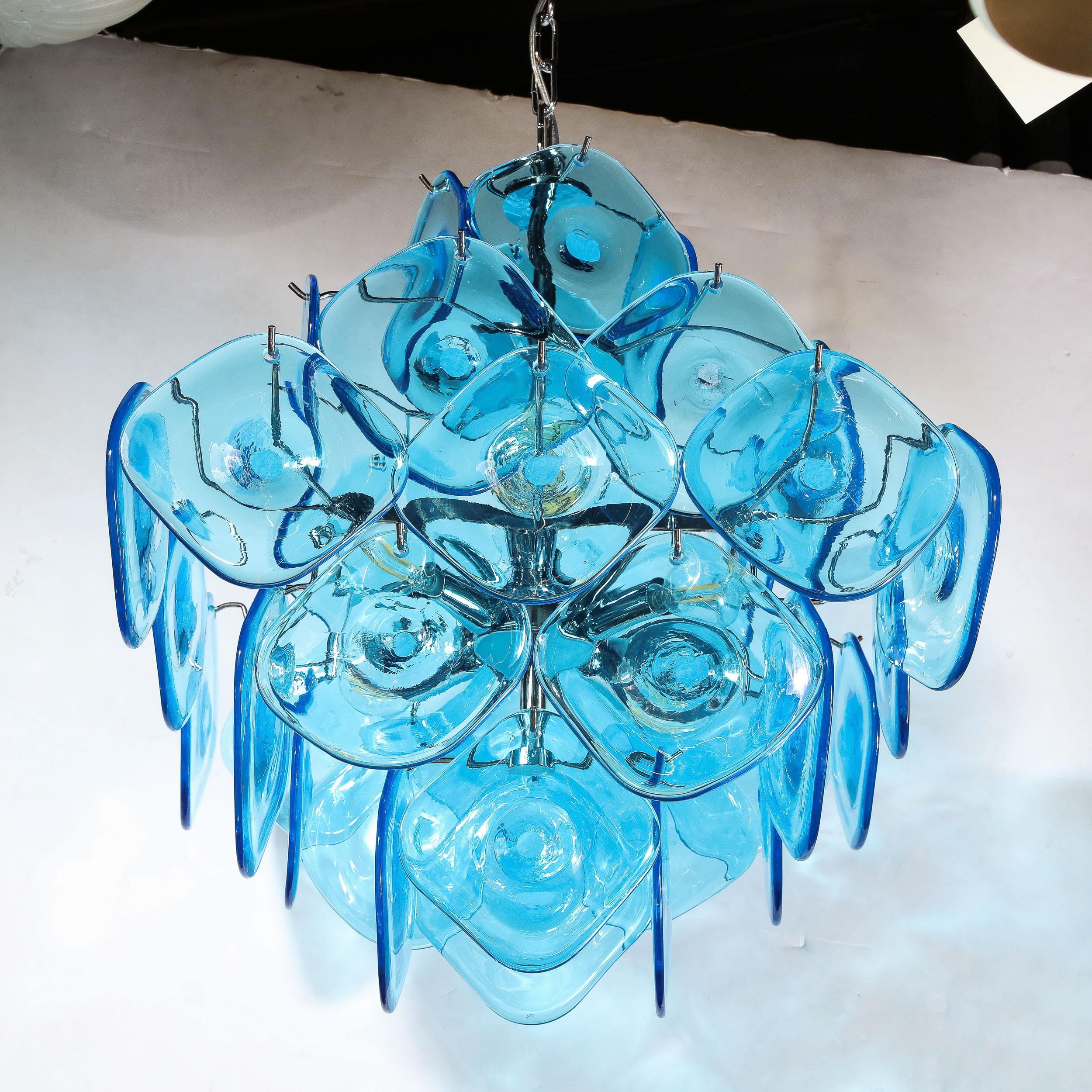 Modernist Pagoda Form Hand-Blown Cerulean Blue Murano Glass Chandelier For Sale 3