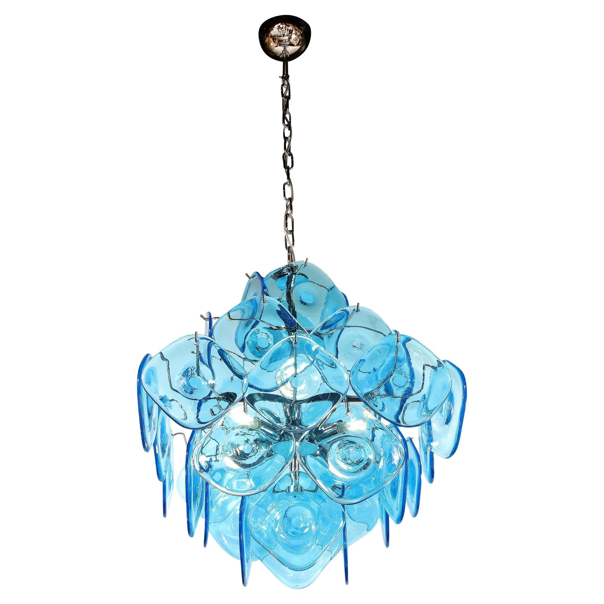 Modernist Pagoda Form Hand-Blown Cerulean Blue Murano Glass Chandelier For Sale