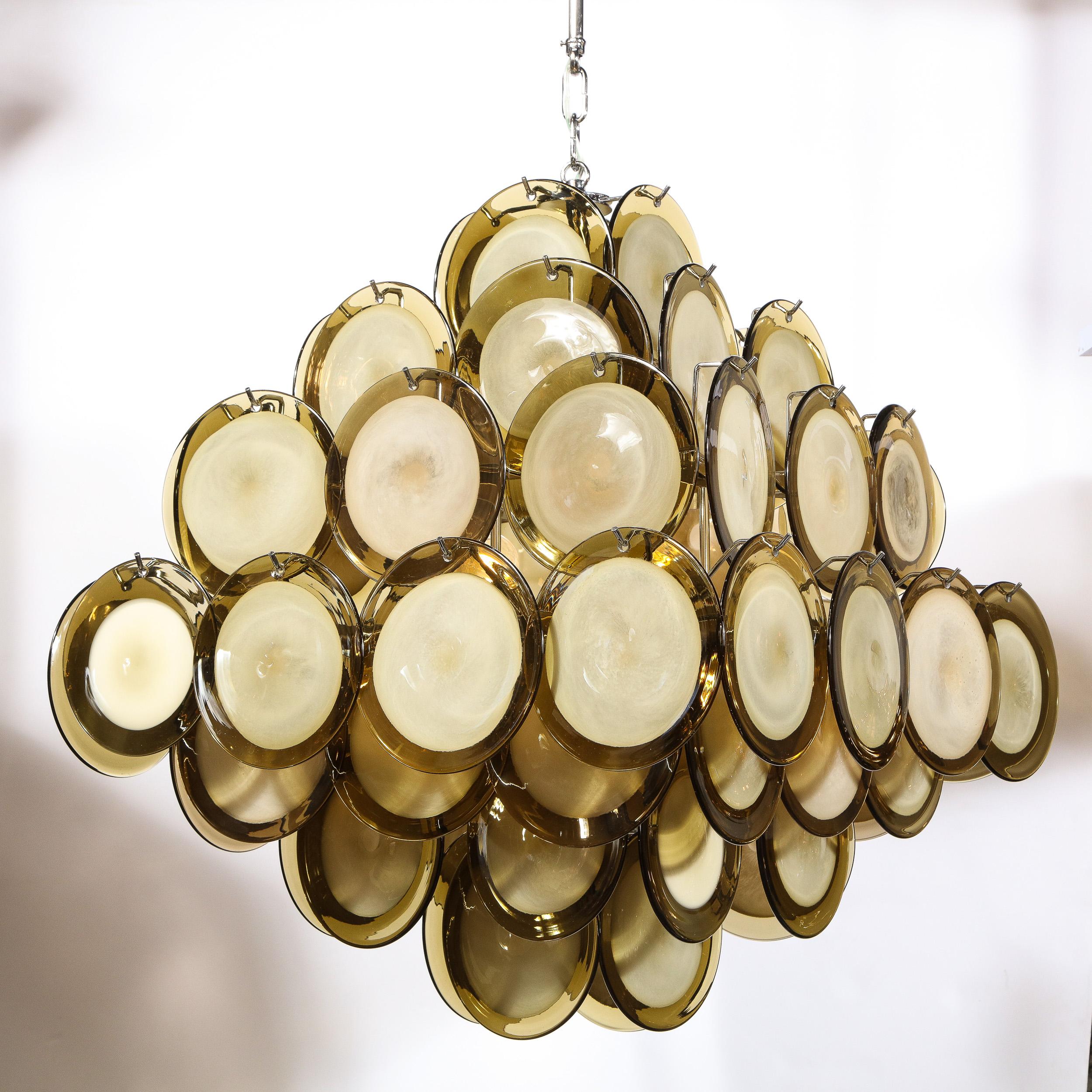 Moderno Lampadario a disco in stile pagoda modernista in cromo e vetro di Murano soffiato a mano in vendita