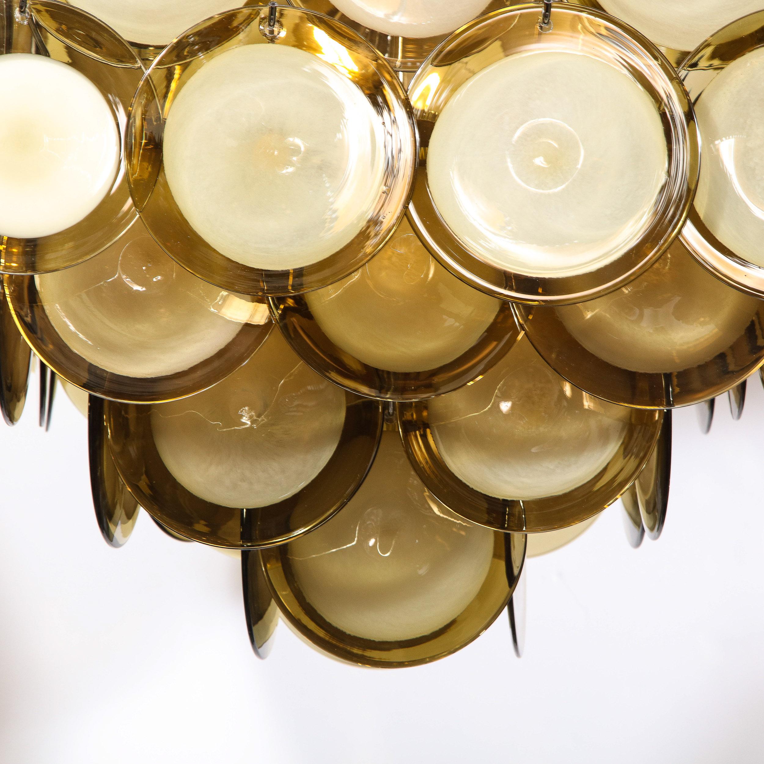 Vetro di Murano Lampadario a disco in stile pagoda modernista in cromo e vetro di Murano soffiato a mano in vendita