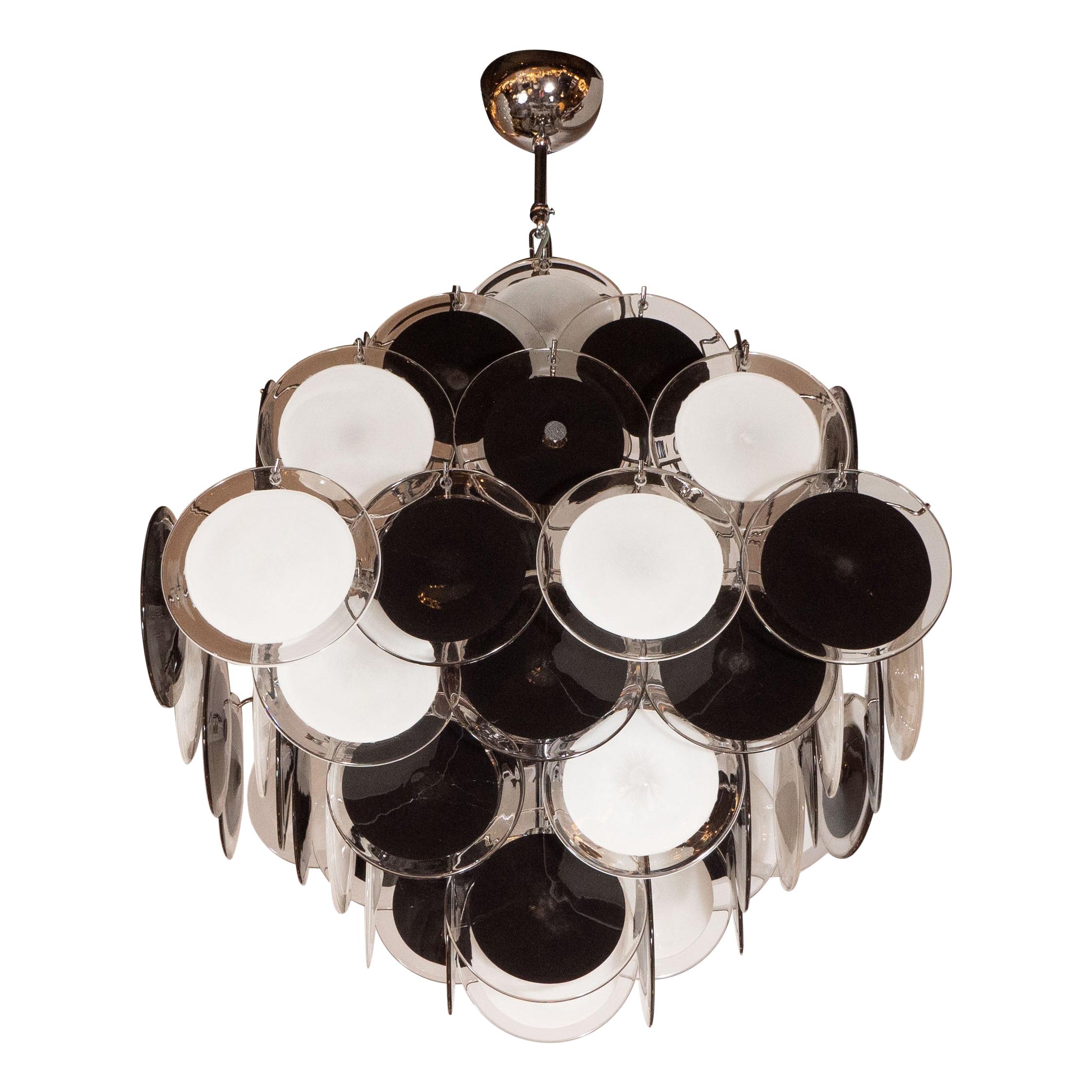 Modernist Pagoda Style Disc Chandelier in Handblown Murano Black and White Glass For Sale