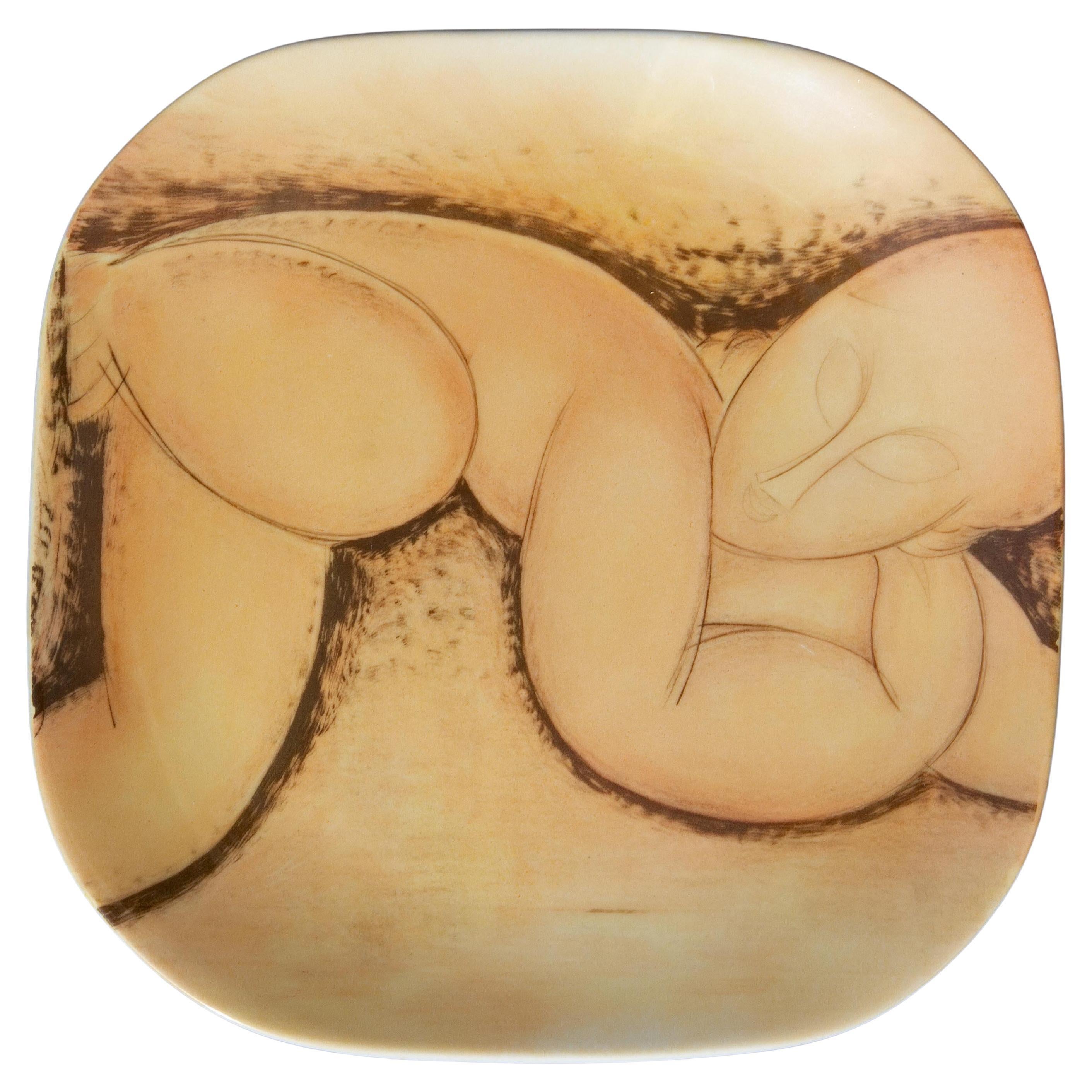 Great figural nude painting. Painted porcelain plate. Not signed. Mid 20th century.