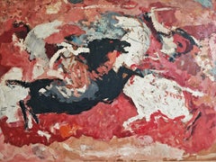 Modernist painting "Battle of horsemen" by Dragutin Cigarčić, Yugoslavia 1960s