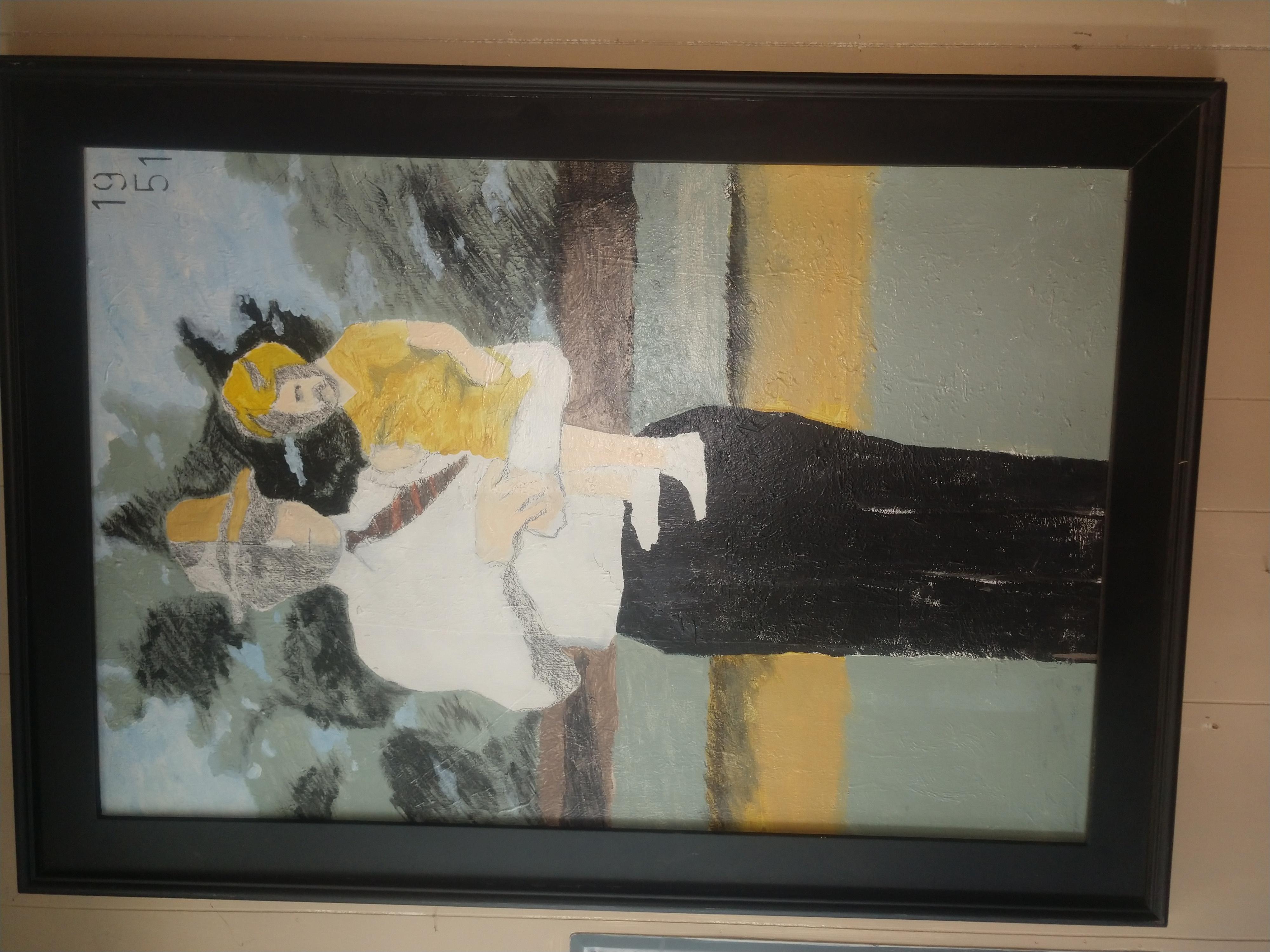 Fabulous modernist Painting by Randy Harter New York Artist. Father with child in muted tones. Framed size is 30 x 42.
