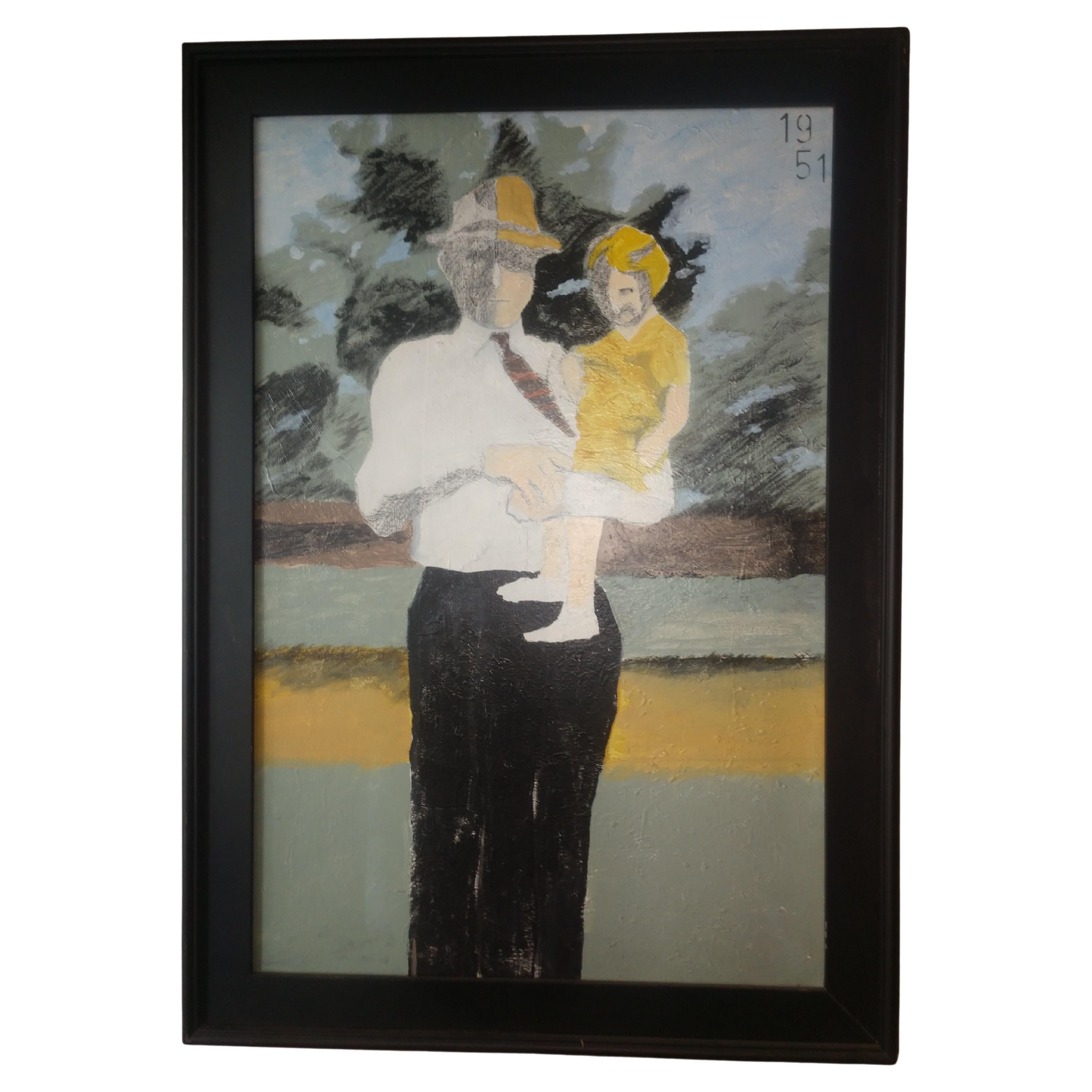 Peinture moderniste de Randy Harter, artiste new-yorkais, père et enfant en vente