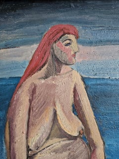 Modernist Painting "Mermaid" by Yugoslav artist Uros Toskovic, oil on cardboard