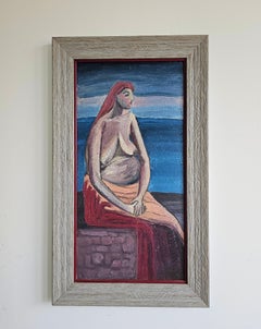 Pintura modernista "Sirena" del artista yugoslavo Uros Toskovic, óleo sobre cartón
