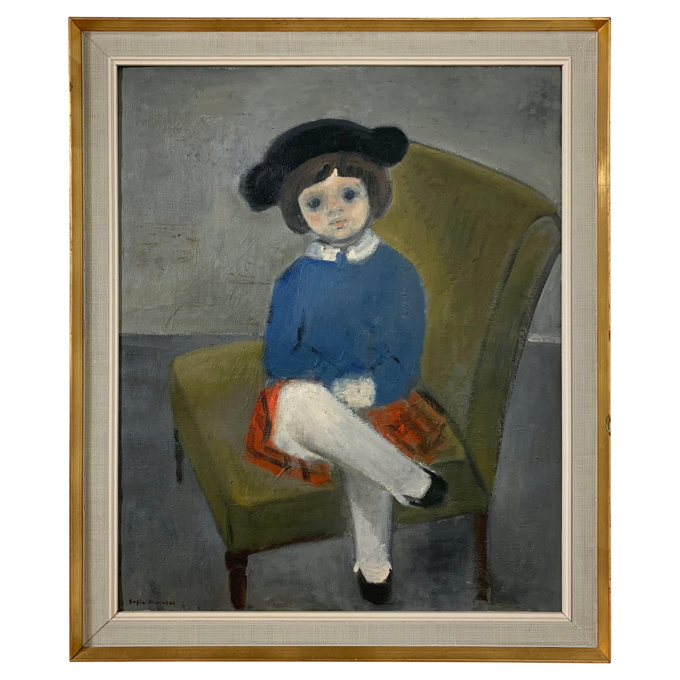 Modernist Painting of a Young Girl by Sophia Morales, Spain, Ca. 1960s