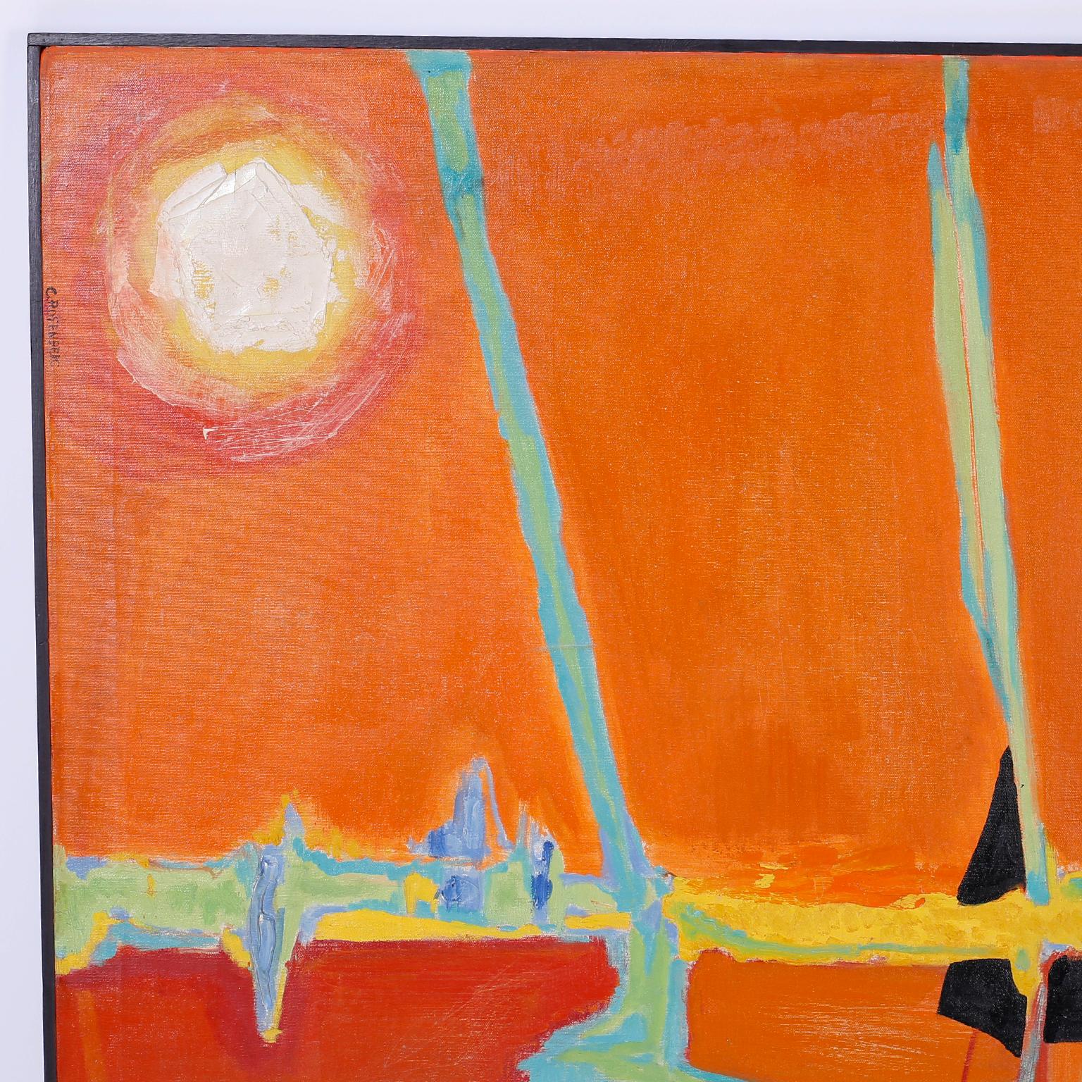 Striking modernist painting on canvas with a hot palette that conveys a strong reference to the sun's energy. Signed in the upper left C. Rosenberg and titled on the back 