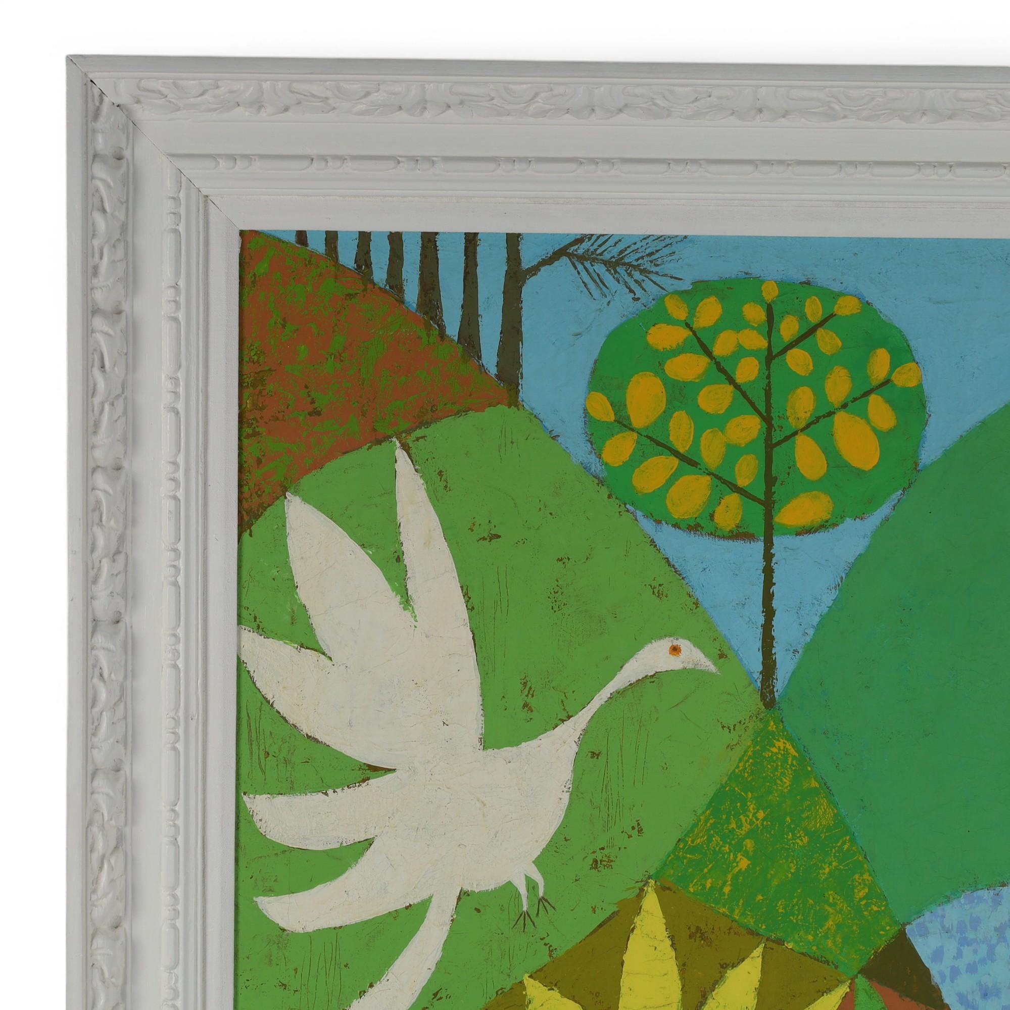 Eye catching vintage acrylic painting on canvas of a bird or loon in a stylized forest with mountains, trees, flowers and figures executed in a modernist style. Signed on the back Hugh McKellar and titled Loon Lake, initialed in the lower right and