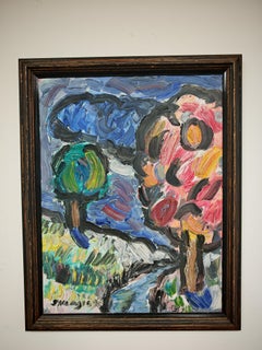 Modernist Painting " The Orchard" by the Yugoslav Artist Stevan Vlajic, 1989