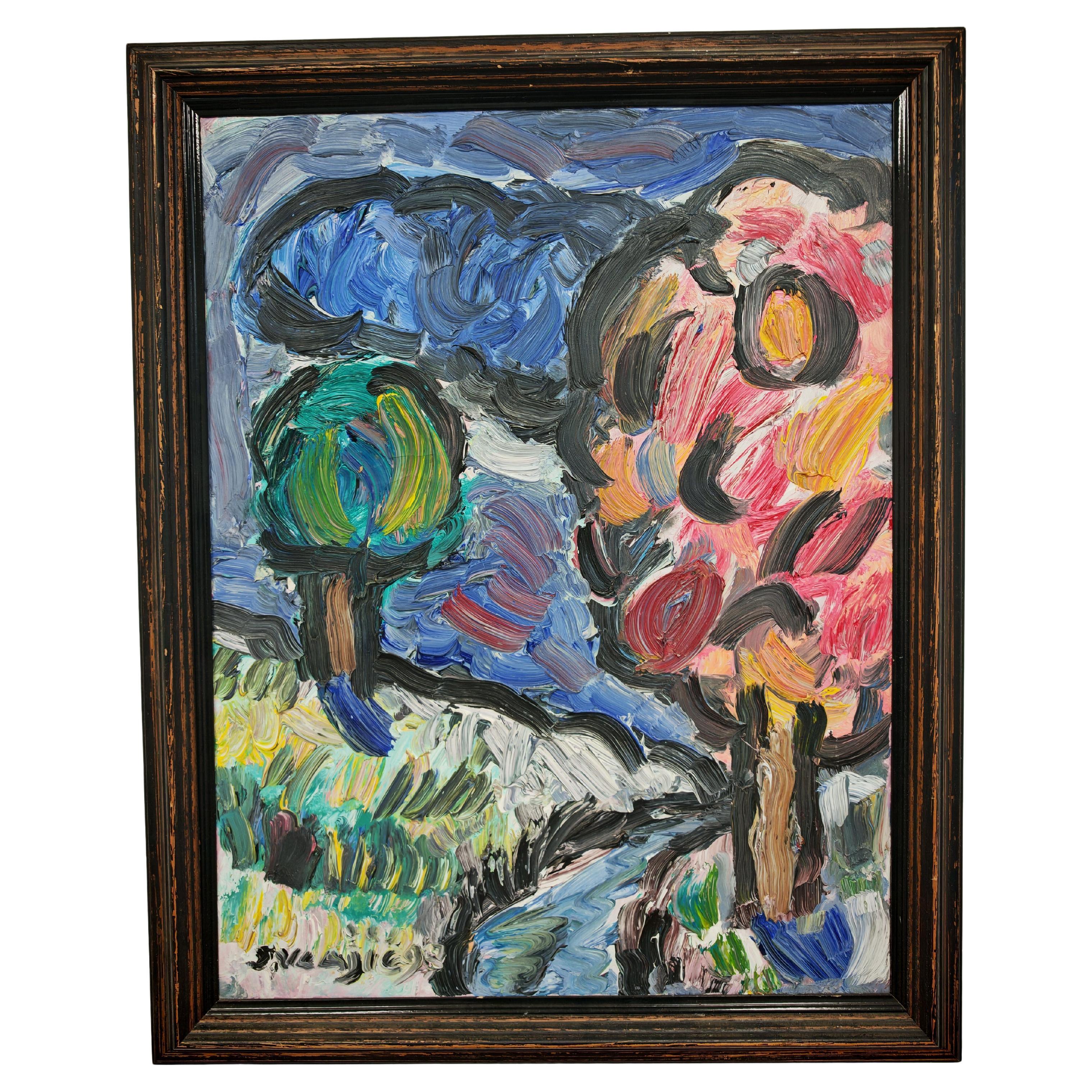 Modernistische Malerei "Der Obstgarten" des jugoslawischen Künstlers Stevan Vlajic, 1989 im Angebot