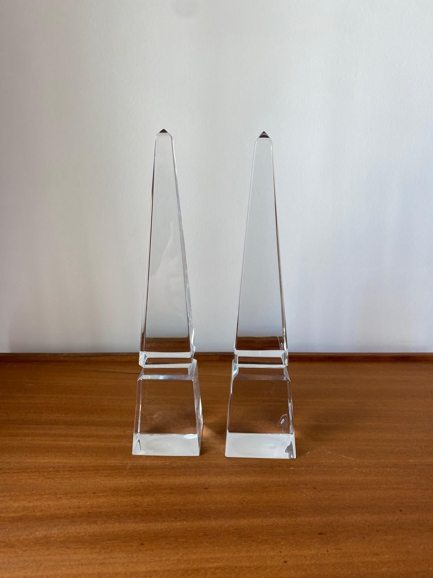 Hand-Crafted Modernist Pair of Baccarat Louxor Crystal Obelisks (France) For Sale