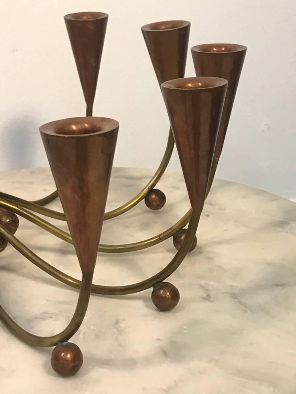 Mid-Century Modern Modernist Pair of Brass and Copper Ball Candelabra For Sale