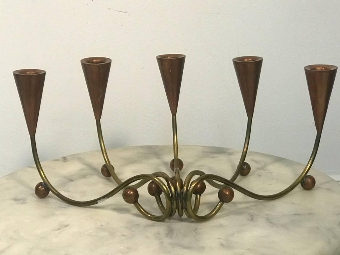 Hand-Crafted Modernist Pair of Brass and Copper Ball Candelabra For Sale