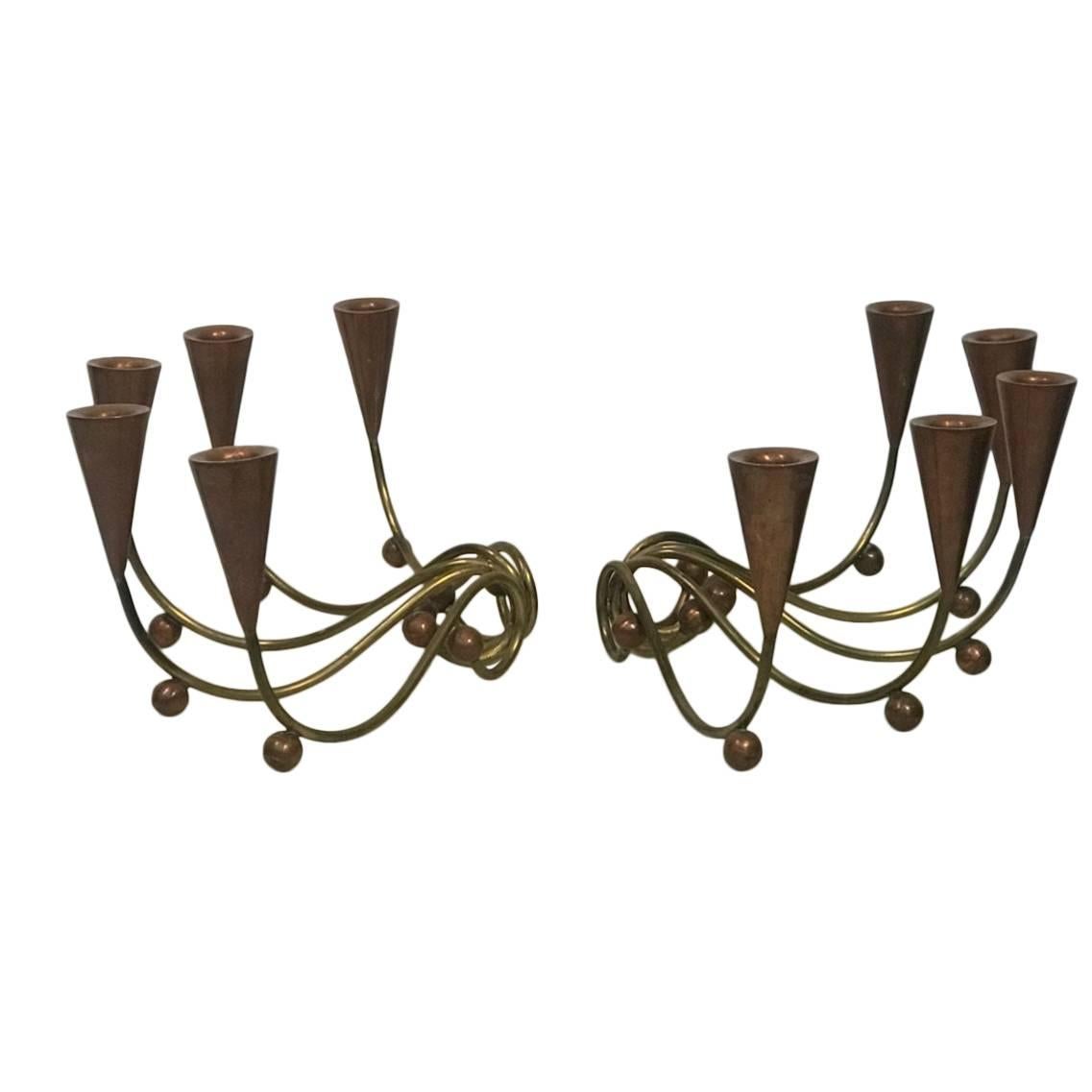 Modernist Pair of Brass and Copper Ball Candelabra For Sale