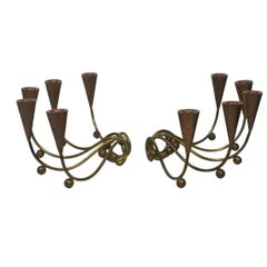 Modernist Pair of Brass and Copper Ball Candelabra