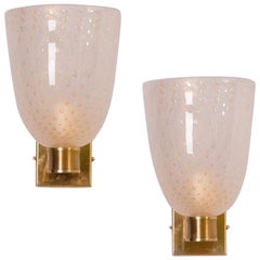 Modernist Pair of Brass Mounted Murano Glass Sconces